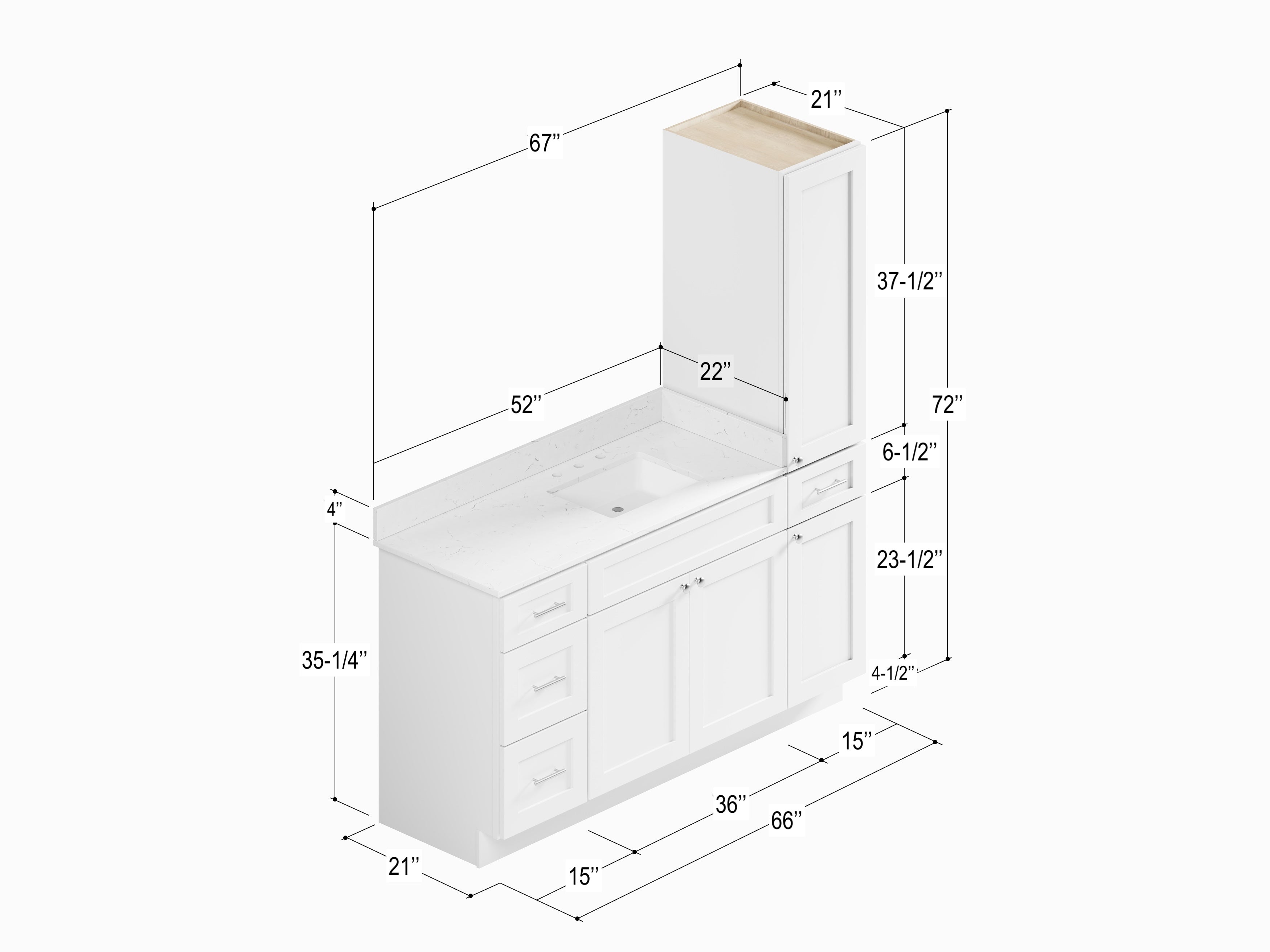Disar 66'' Single Bathroom Vanity With Right Linen Tall Cabinet Dovetail Solid Wood Drawer Carrara Quartz Top