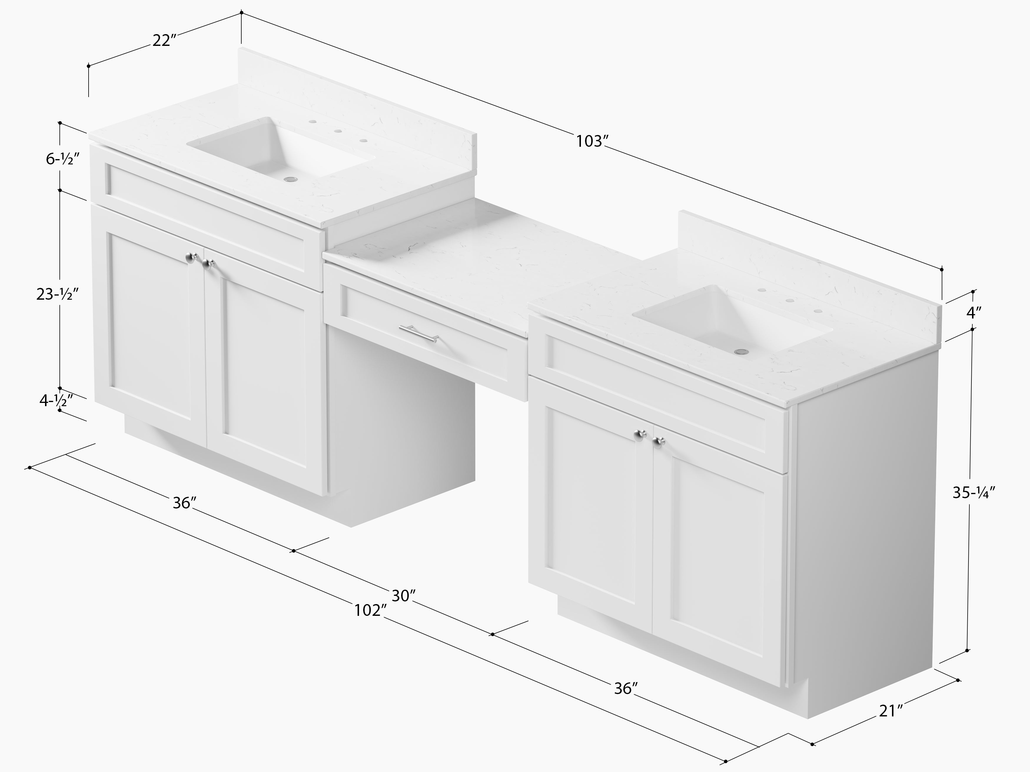 103'' Double Bathroom Vanity with Quartz Top