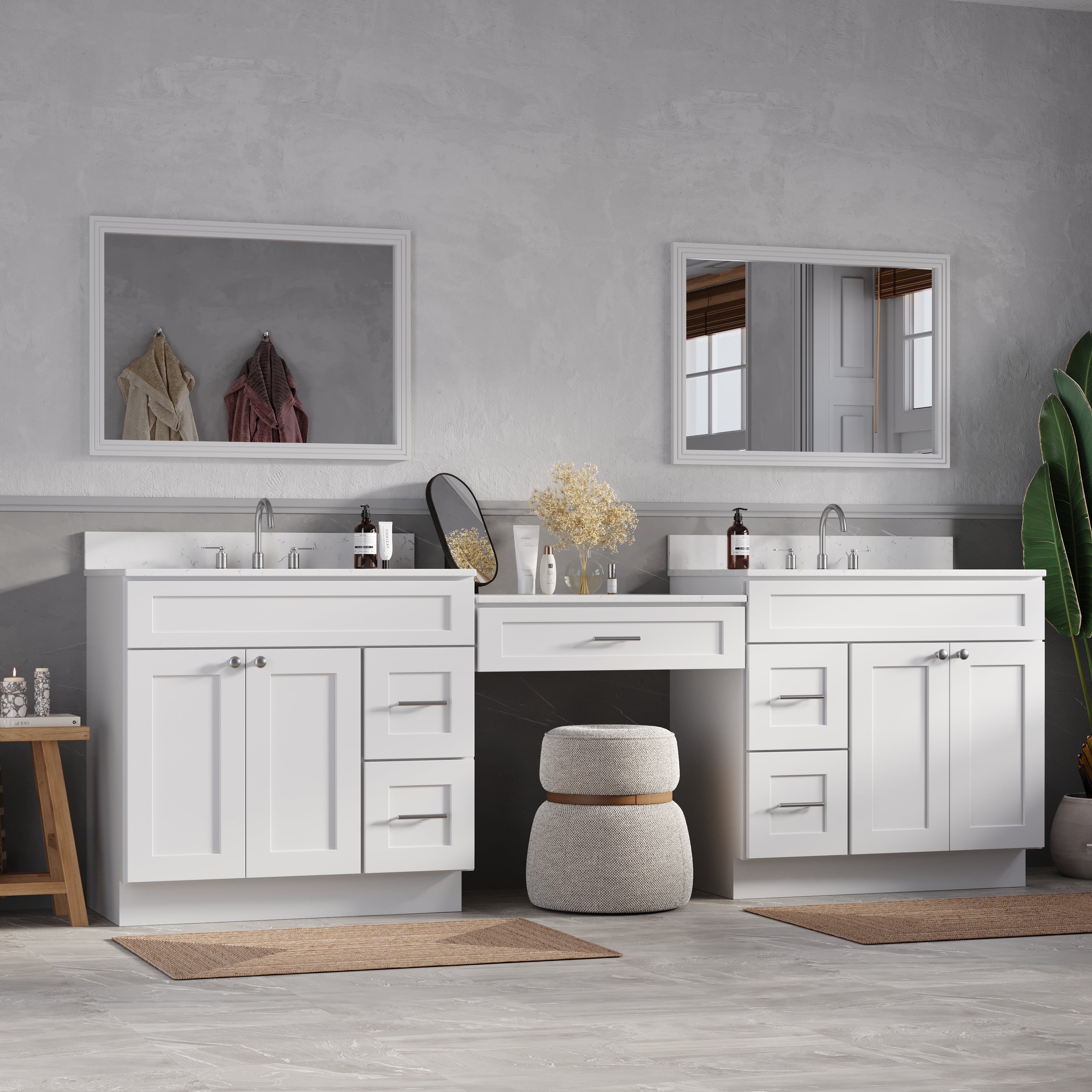 103'' Double Bathroom Vanity with Quartz Top, 5 Drawers