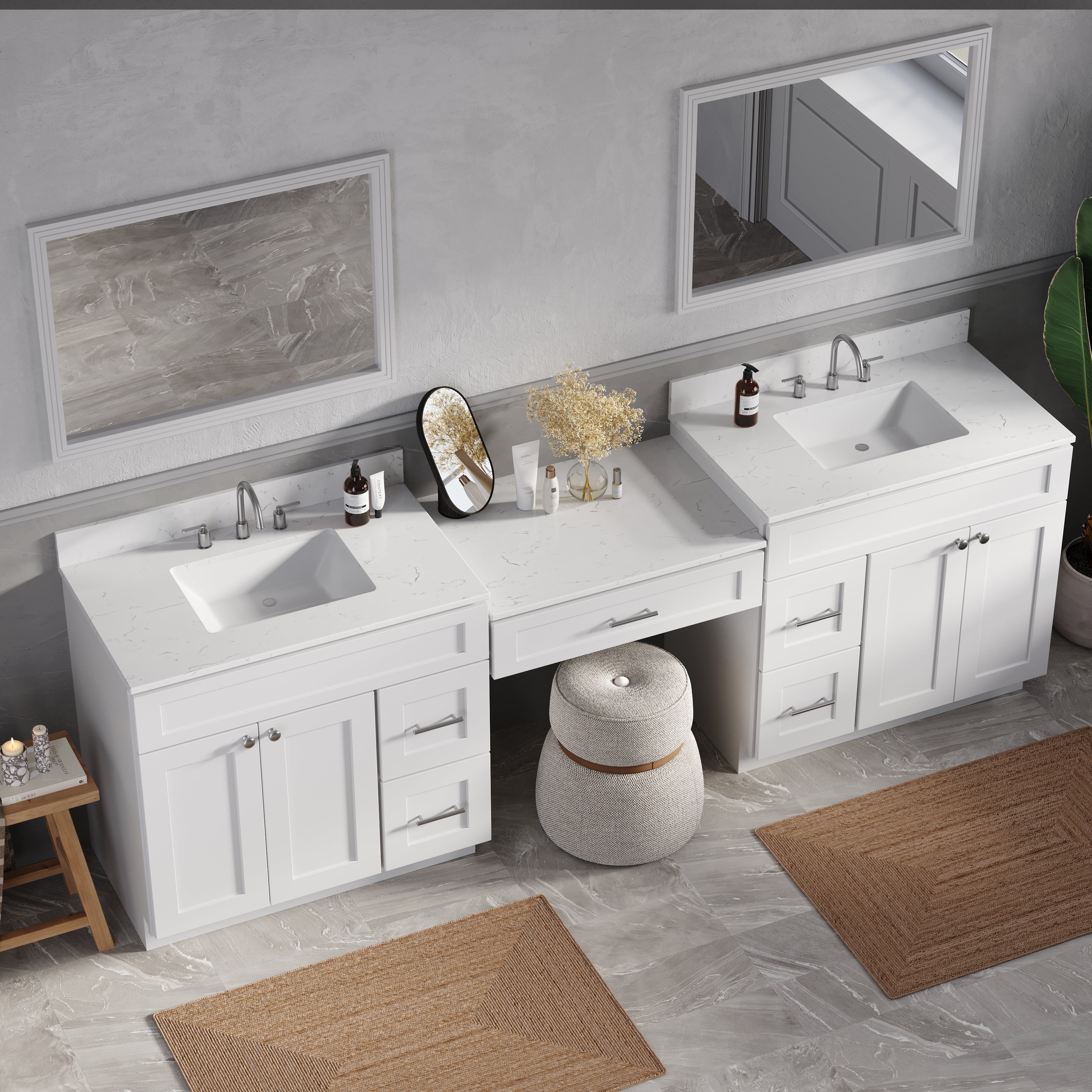103'' Double Bathroom Vanity with Quartz Top, 5 Drawers