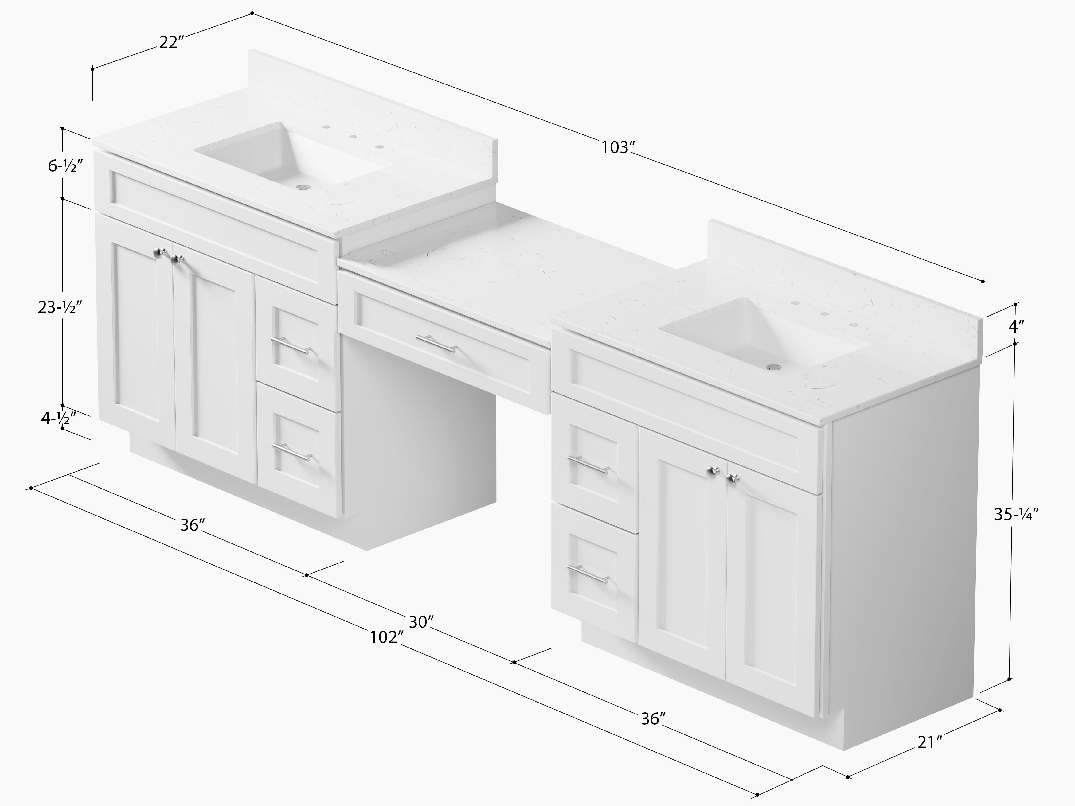 103'' Double Bathroom Vanity with Quartz Top, 5 Drawers