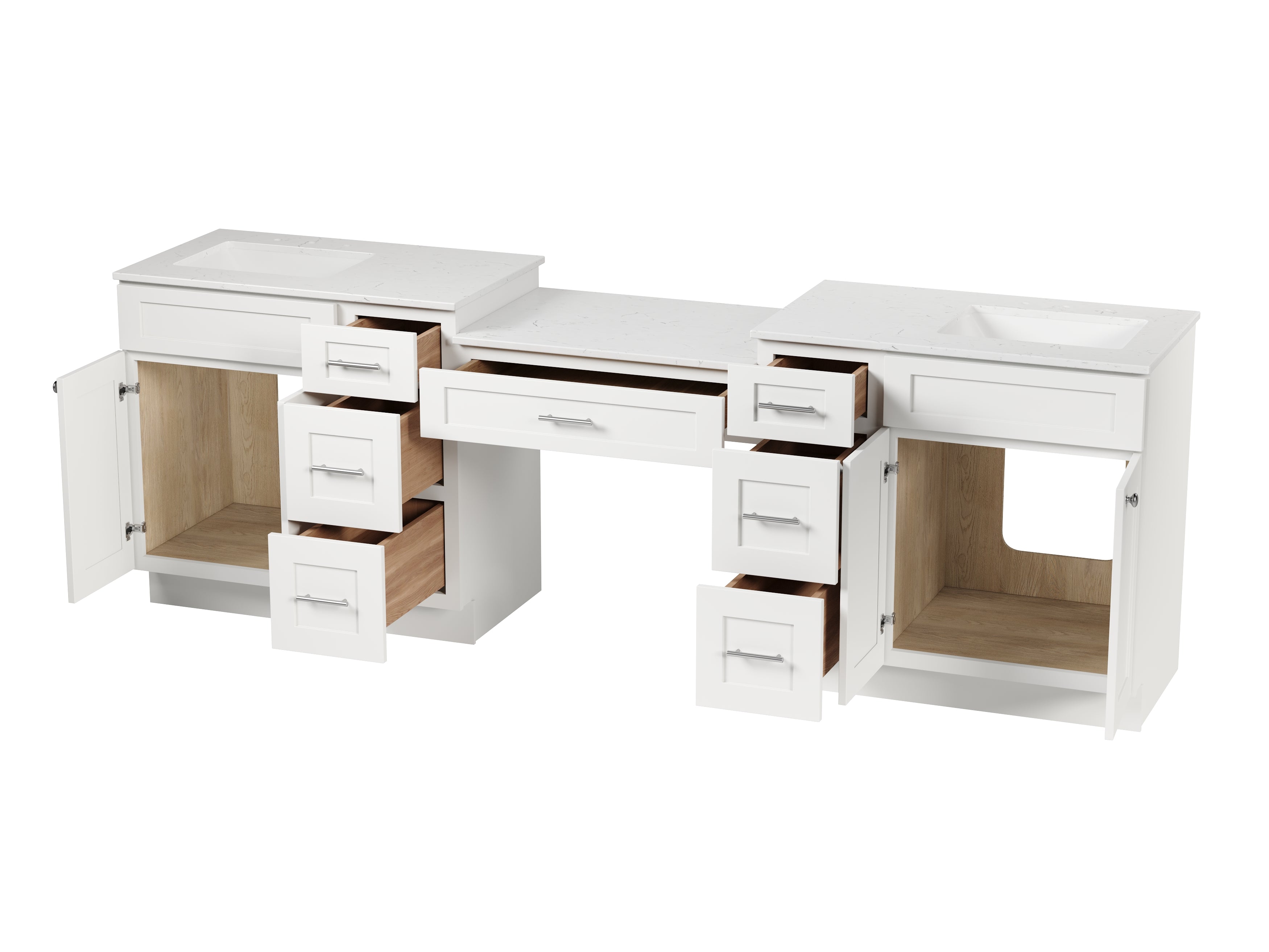 103'' Double Bathroom Vanity with Quartz Top, 7 Drawers