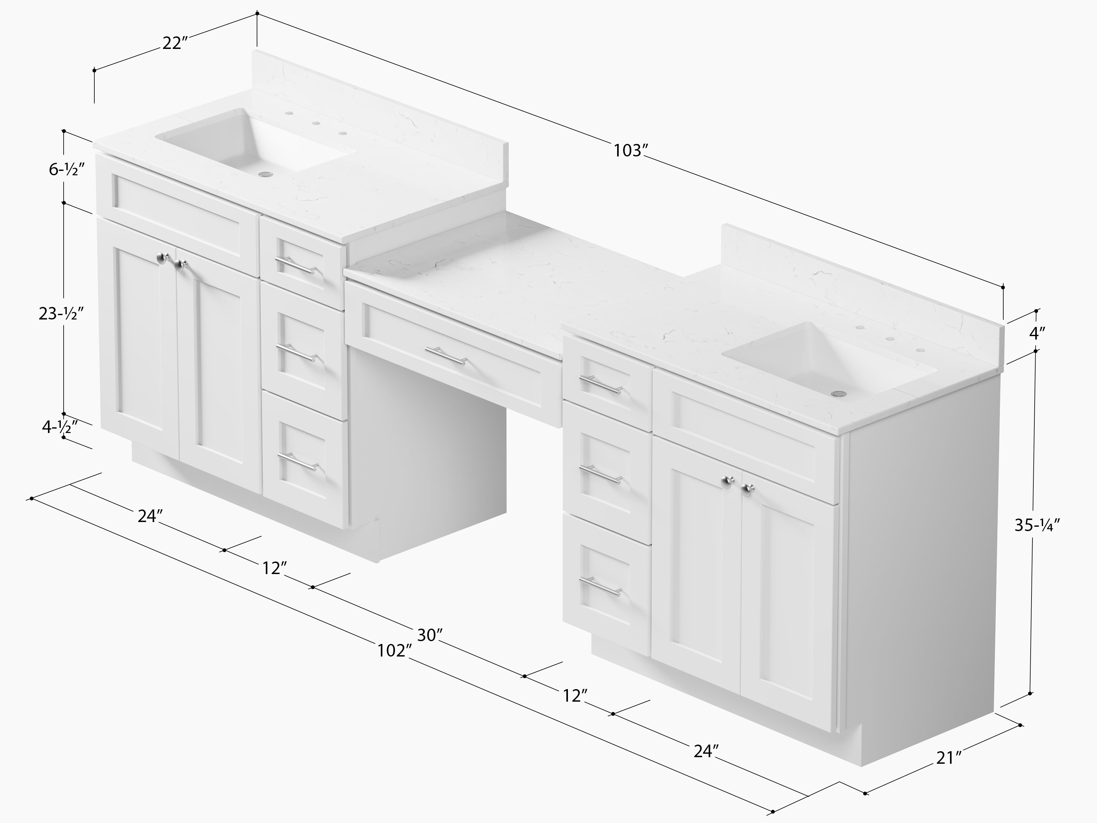 103'' Double Bathroom Vanity with Quartz Top, 7 Drawers