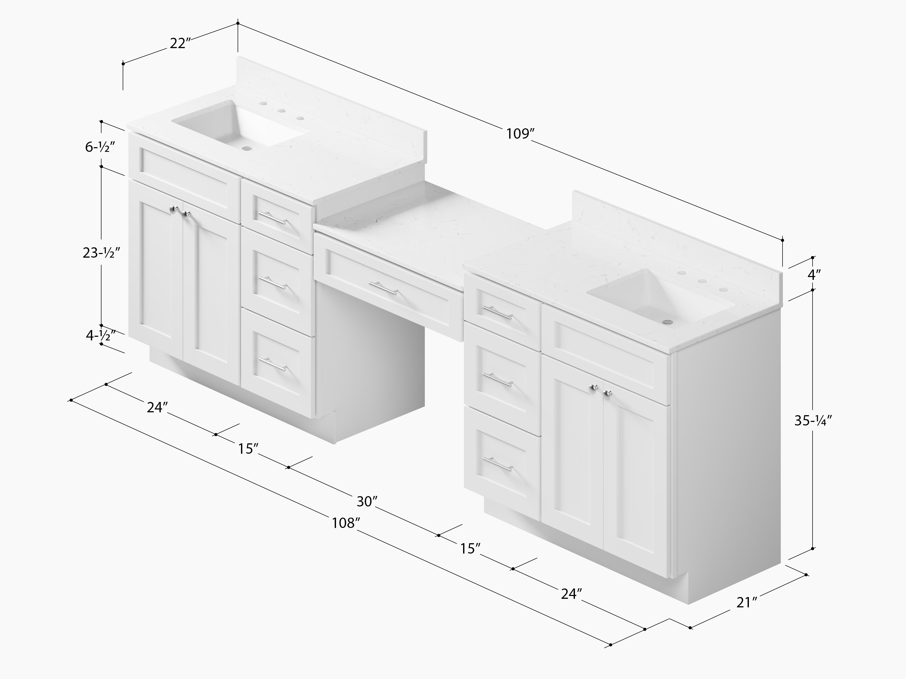108'' Double Bathroom Vanity with Quartz Top, 7 Drawers