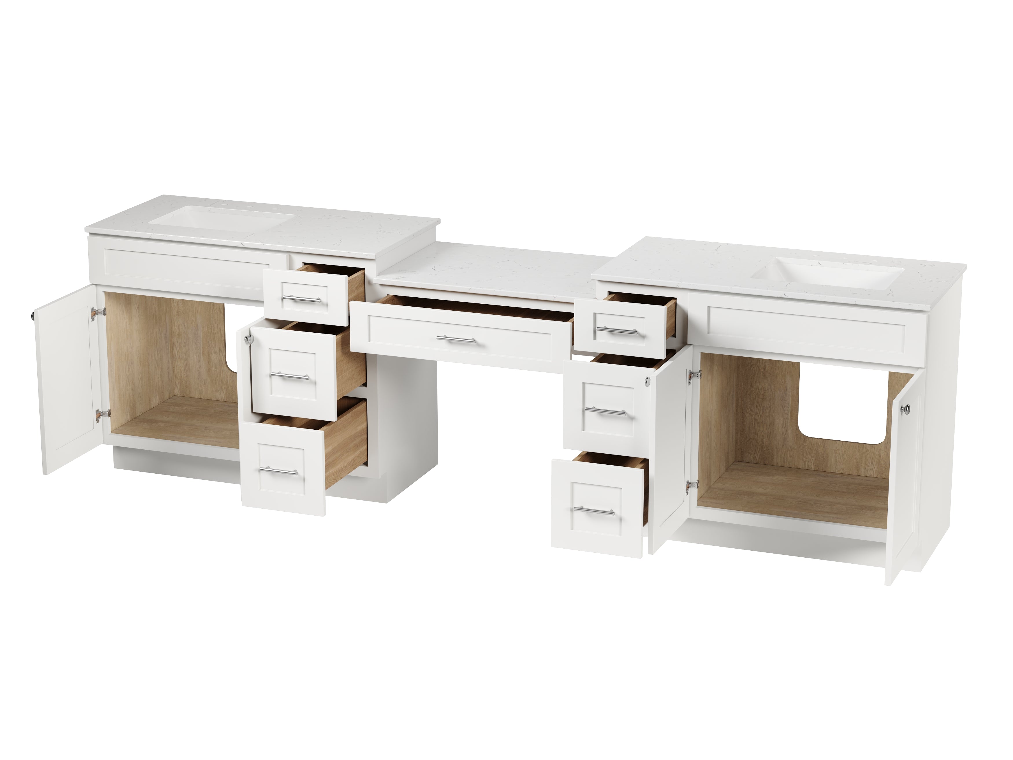 114'' Double Bathroom Vanity with Quartz Top, 7 Drawers
