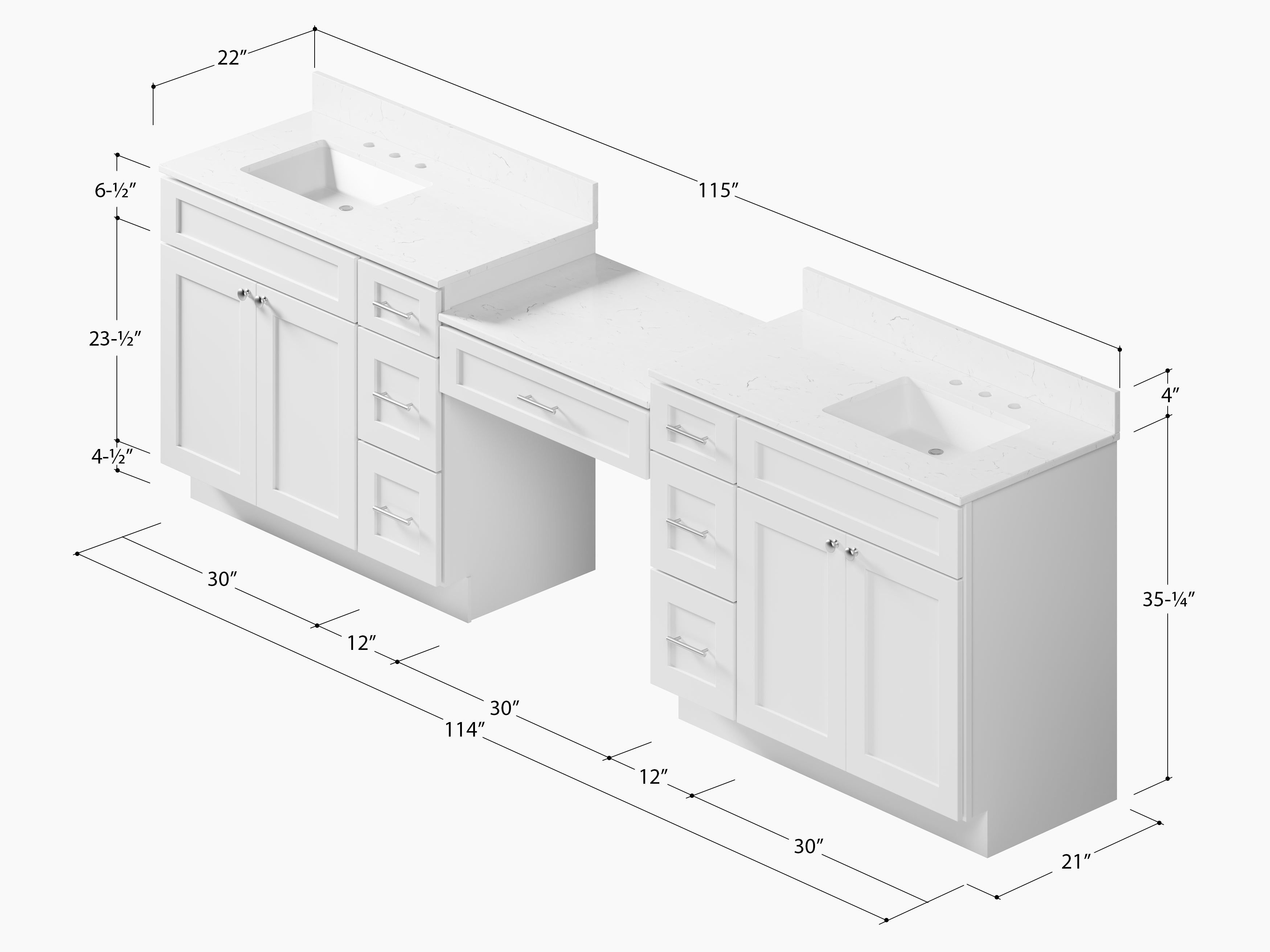 114'' Double Bathroom Vanity with Quartz Top, 7 Drawers