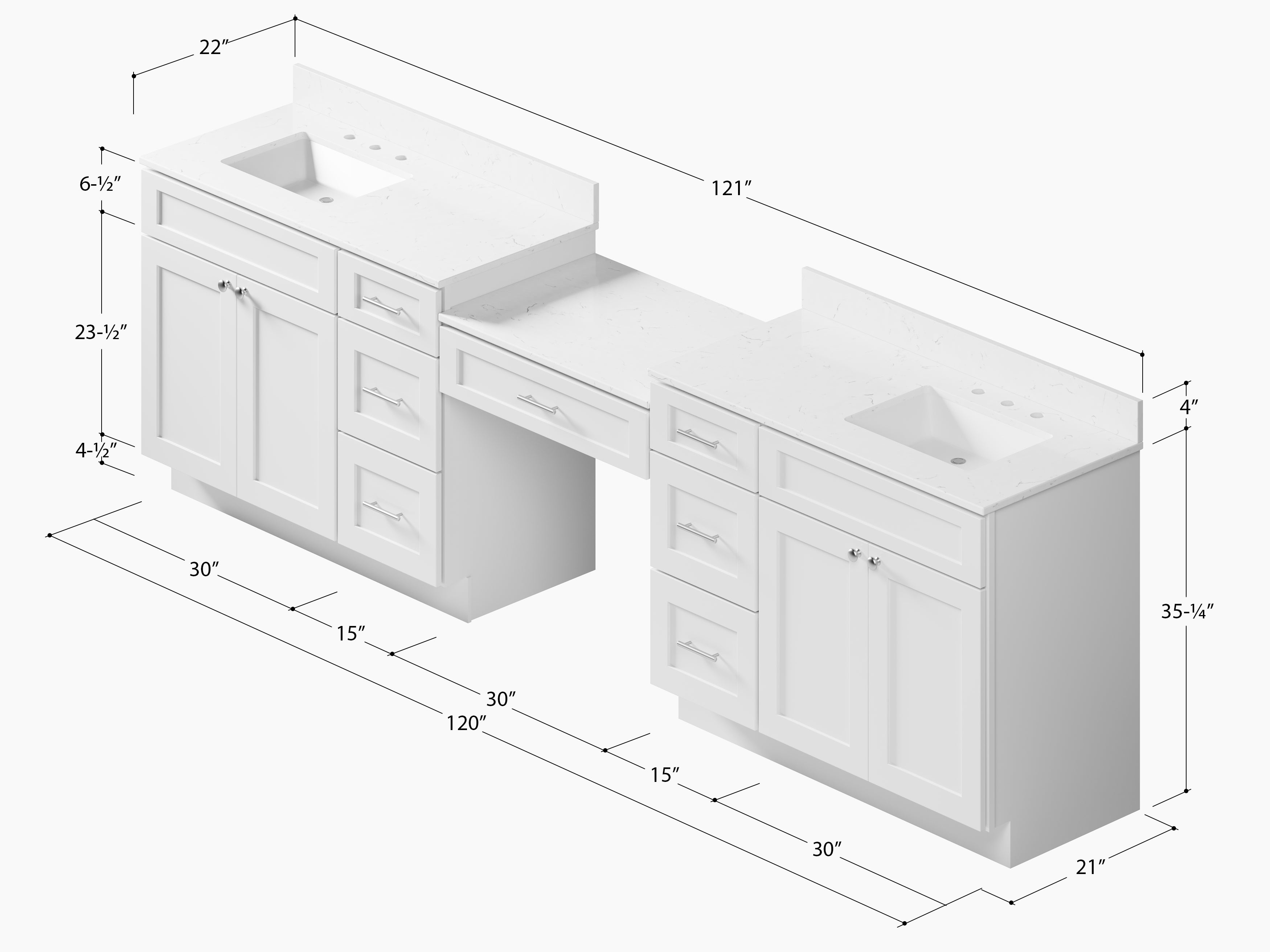 Disar 120" Double Bathroom Vanity Desk With Carrara Quartz Top 7 Drawers
