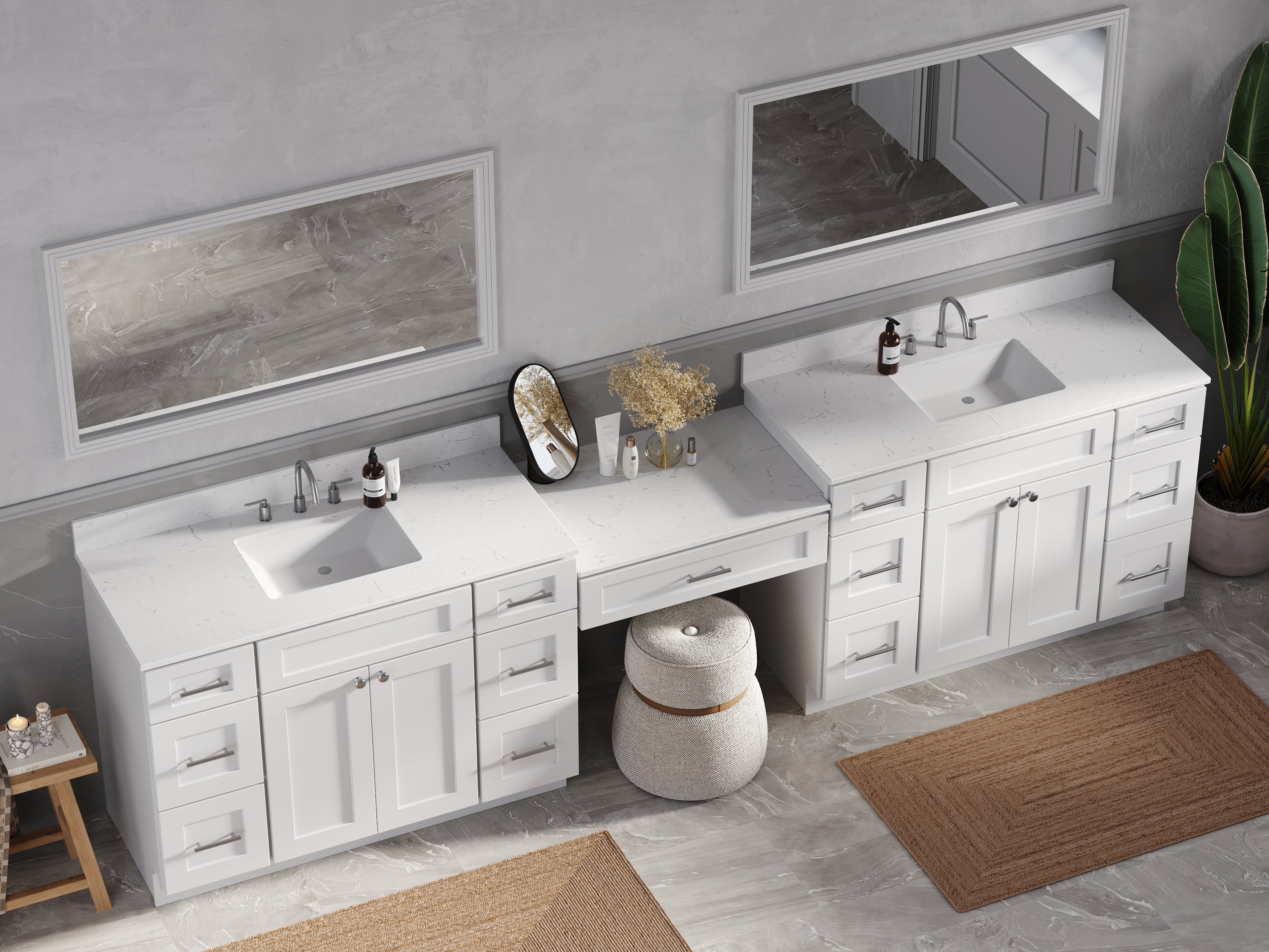 Disar 126'' Double Bathroom Vanity With Carrara Quartz Top, 13 Drawers