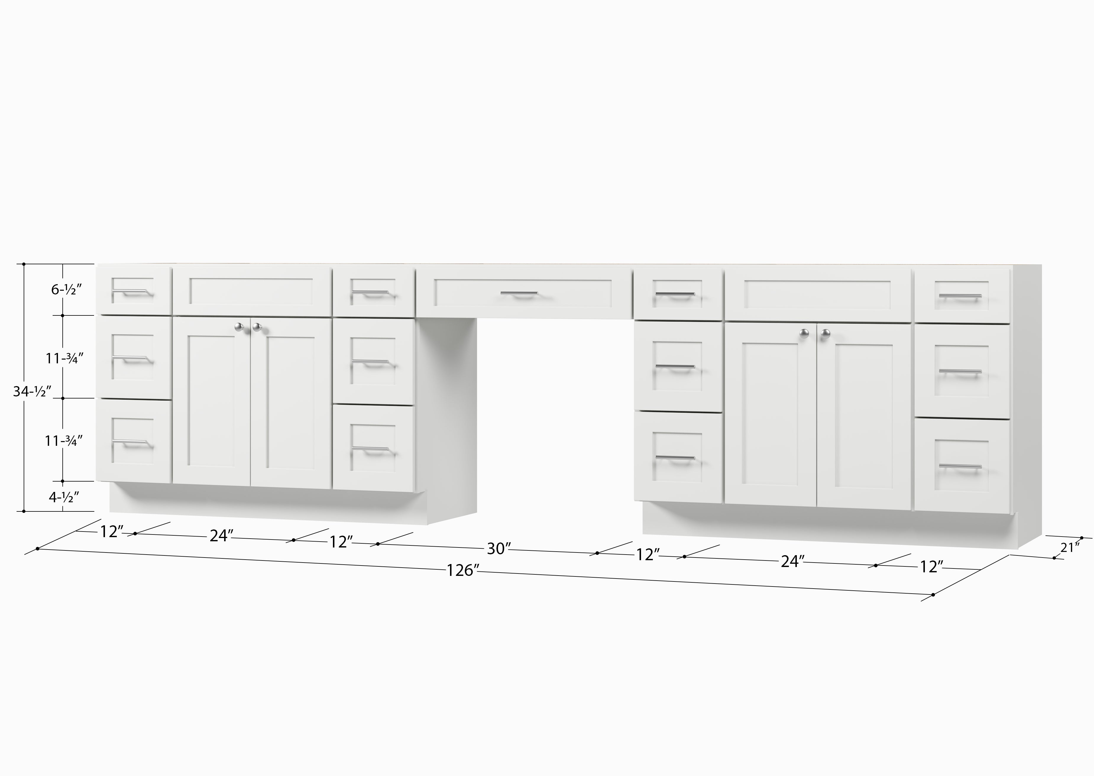 Disar 126'' Double Bathroom Vanity With Desk Dovetail Solid Wood Drawer Base Only With 13 Drawers