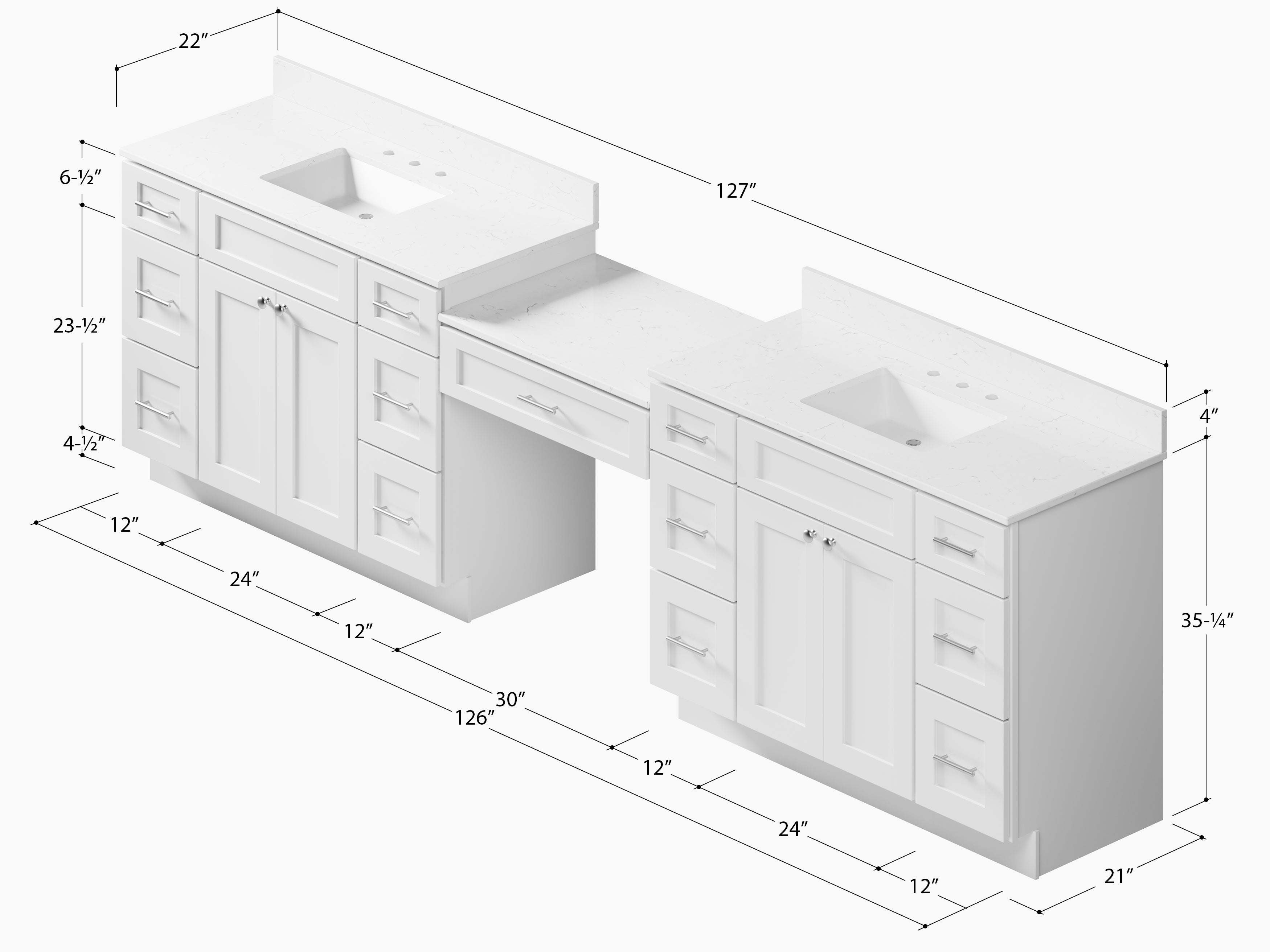 Disar 126'' Double Bathroom Vanity With Carrara Quartz Top, 13 Drawers