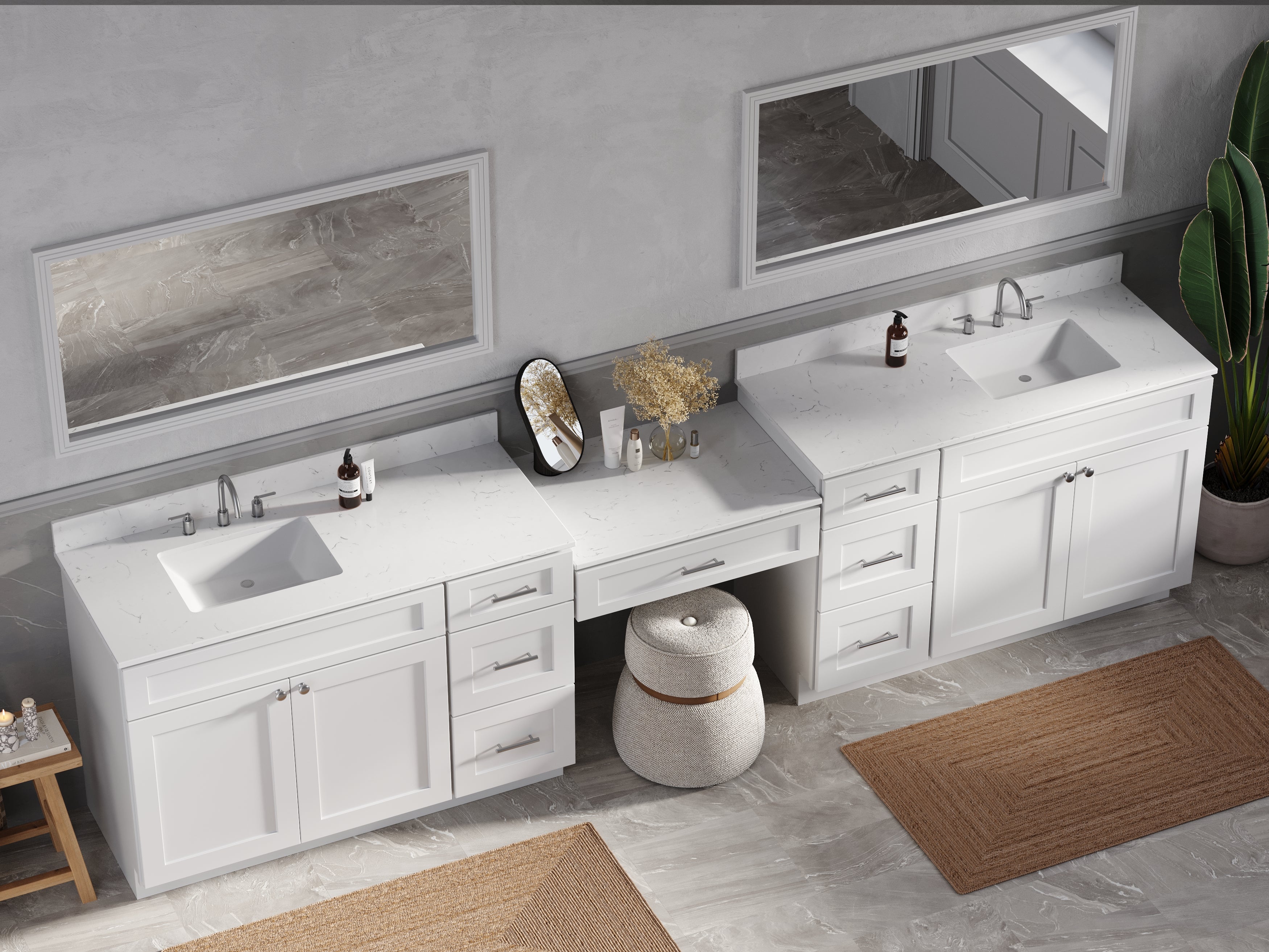 Disar 132'' Double Bathroom Vanity Desk With Carrara Quartz Top, 7 Drawers