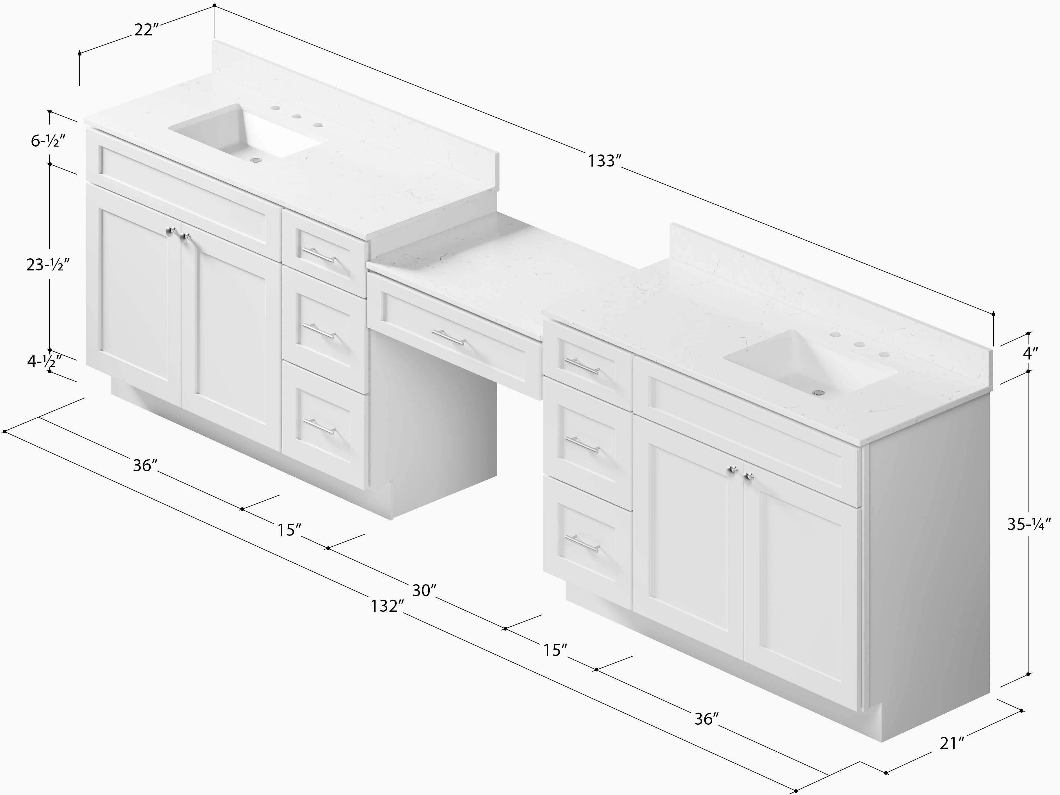 Disar 132'' Double Bathroom Vanity Desk With Carrara Quartz Top, 7 Drawers