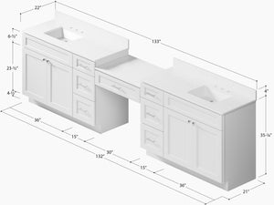 Disar 132'' Double Bathroom Vanity Desk With Carrara Quartz Top, 7 Drawers