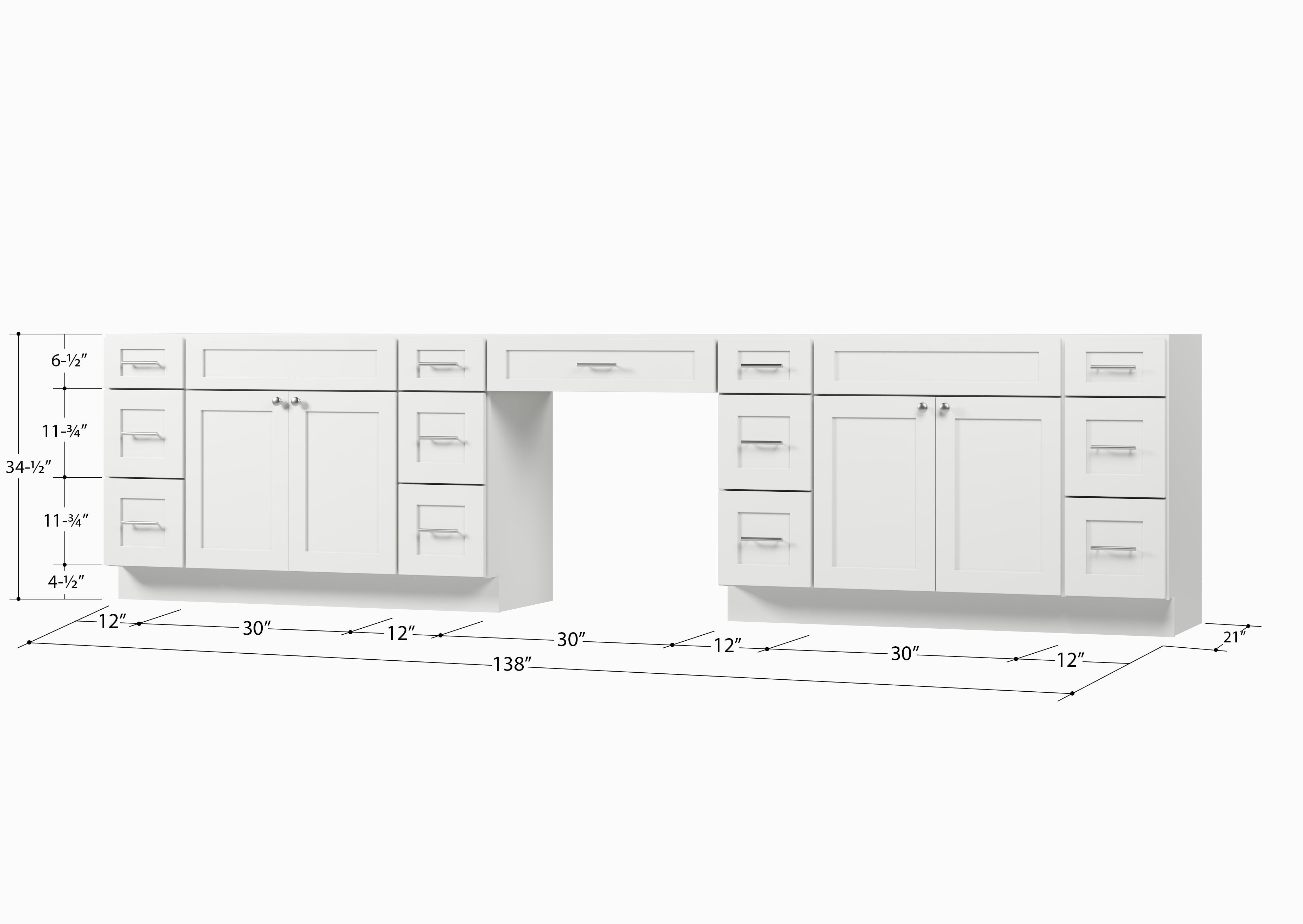 138'' Double Bathroom Vanity Base Only With 13 Drawers