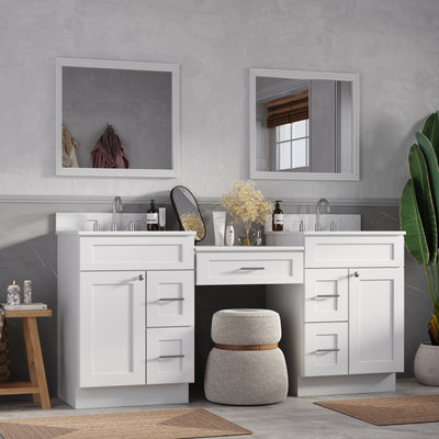 [color:White] 72" Double Bathroom Vanity Desk With Quartz Top, 5 Drawers - front view
