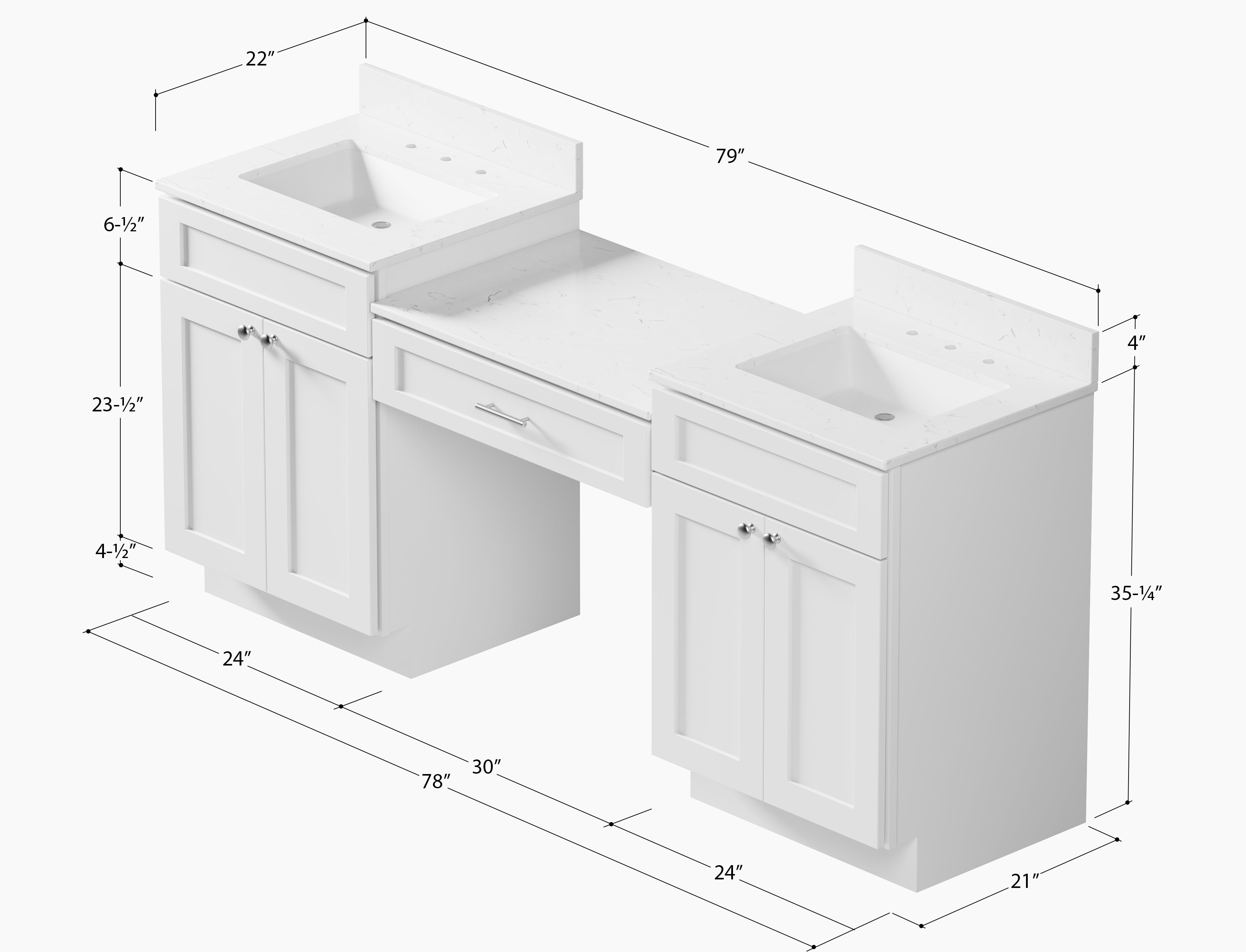 79'' Double Bathroom Vanity Desk with Quartz Top