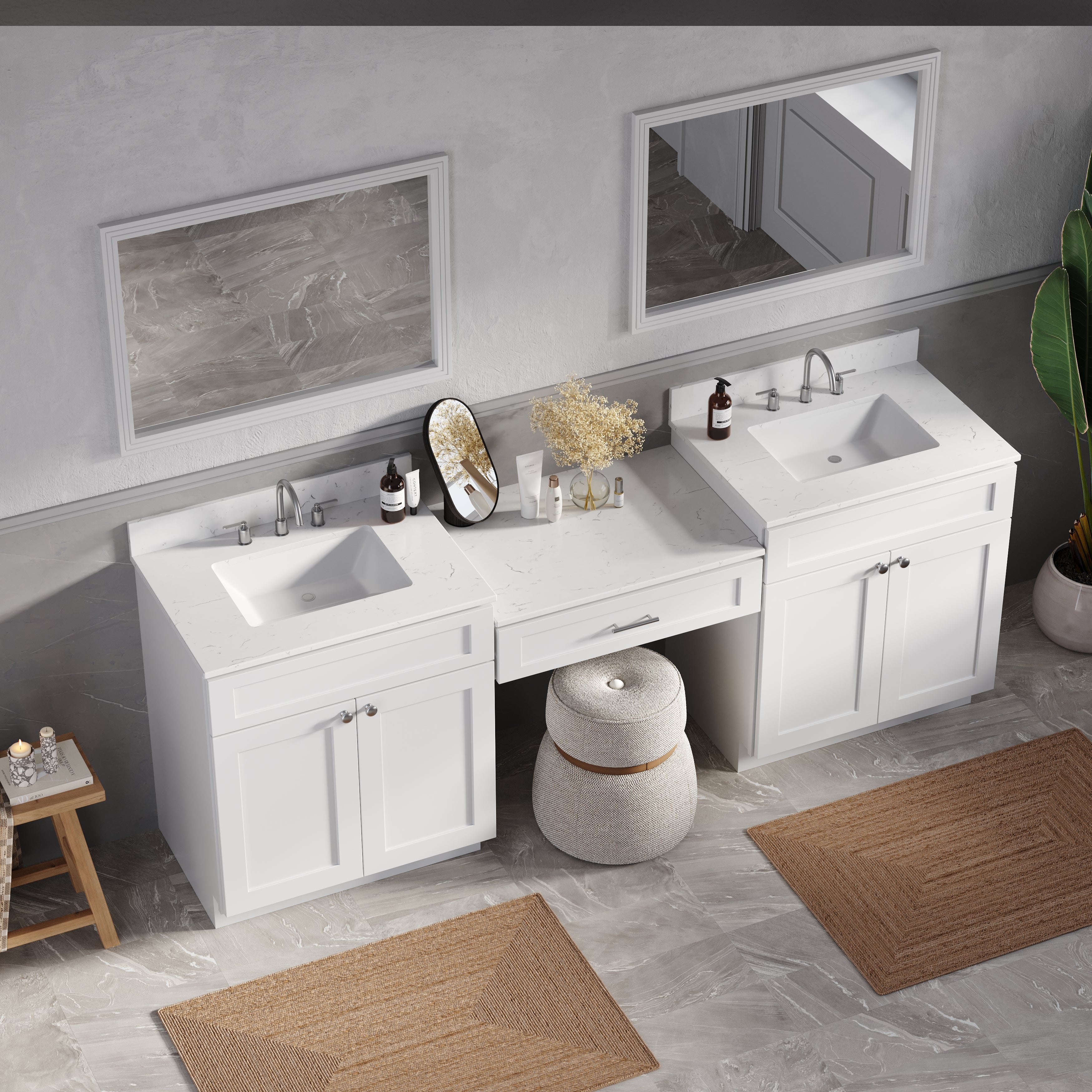 91'' Double Bathroom Vanity Desk  with Quartz Top
