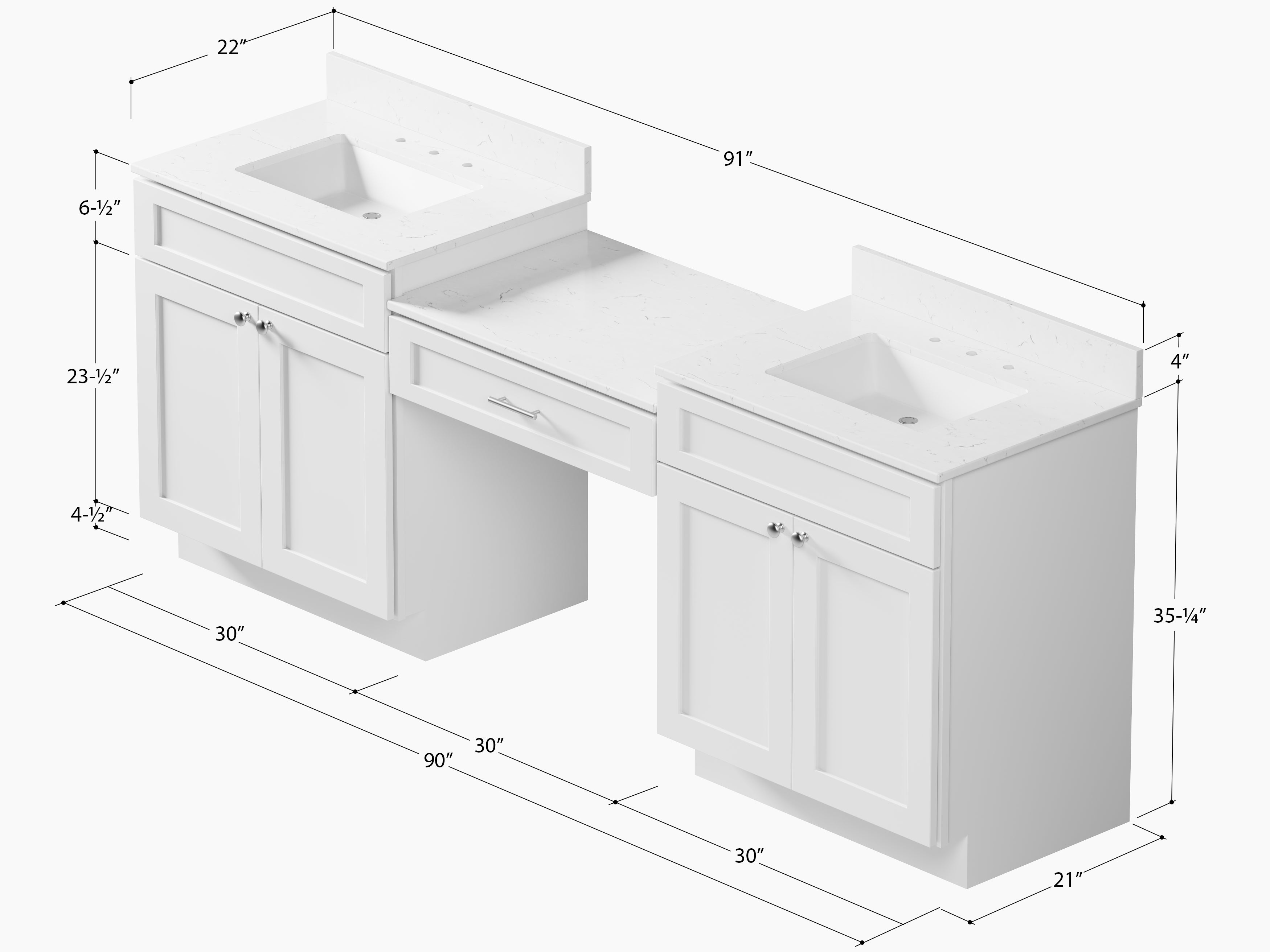 91'' Double Bathroom Vanity Desk  with Quartz Top