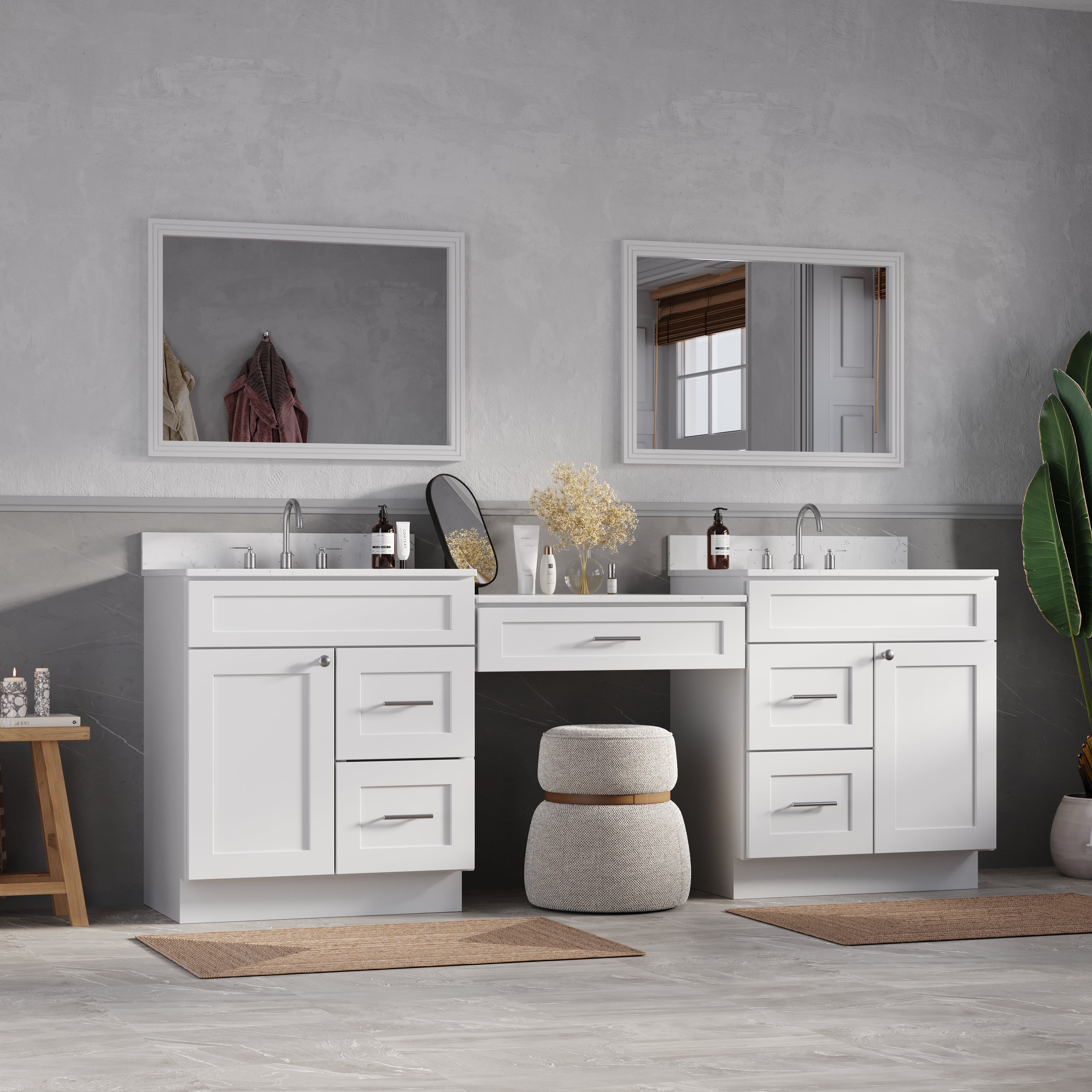 91'' Double Bathroom Vanity Desk  with Quartz Top, 5 Drawers