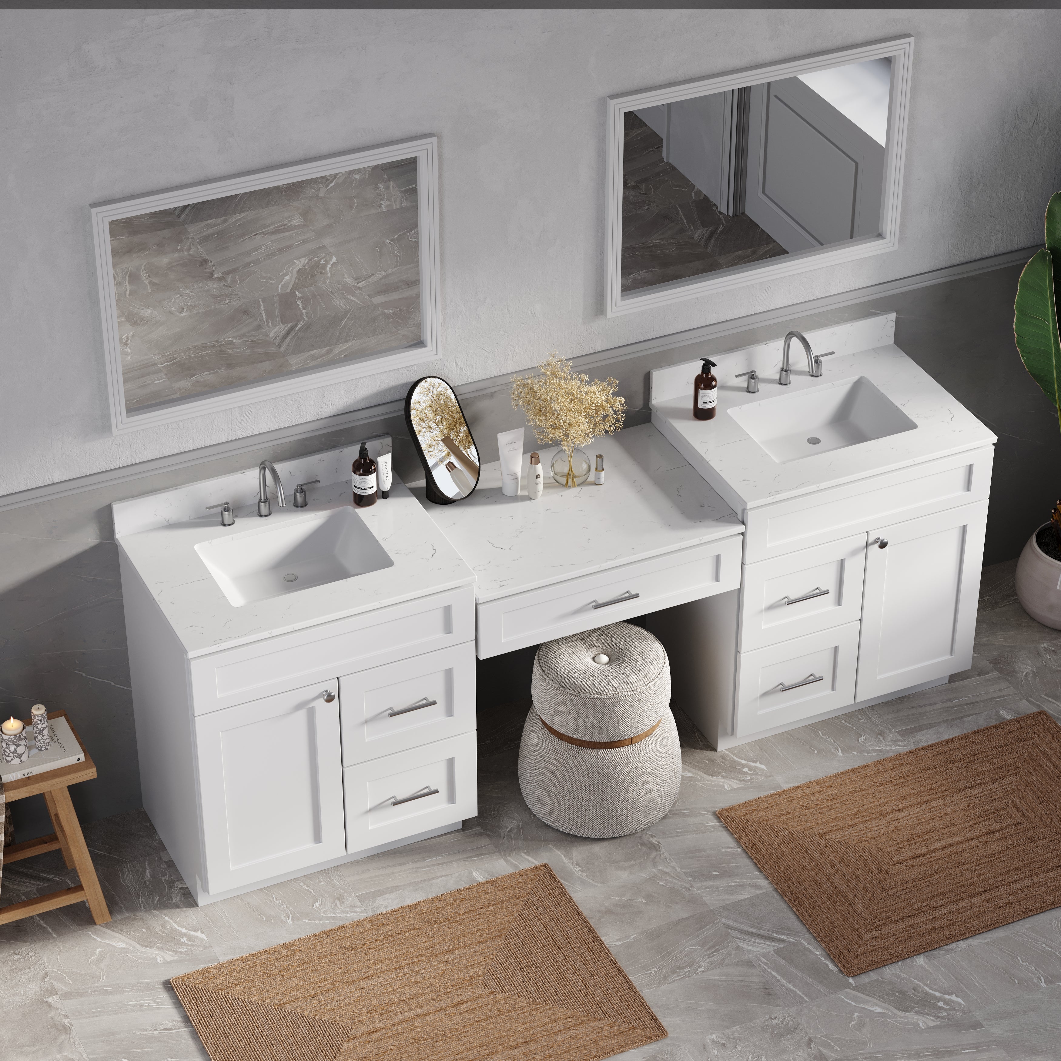 91'' Double Bathroom Vanity Desk  with Quartz Top, 5 Drawers