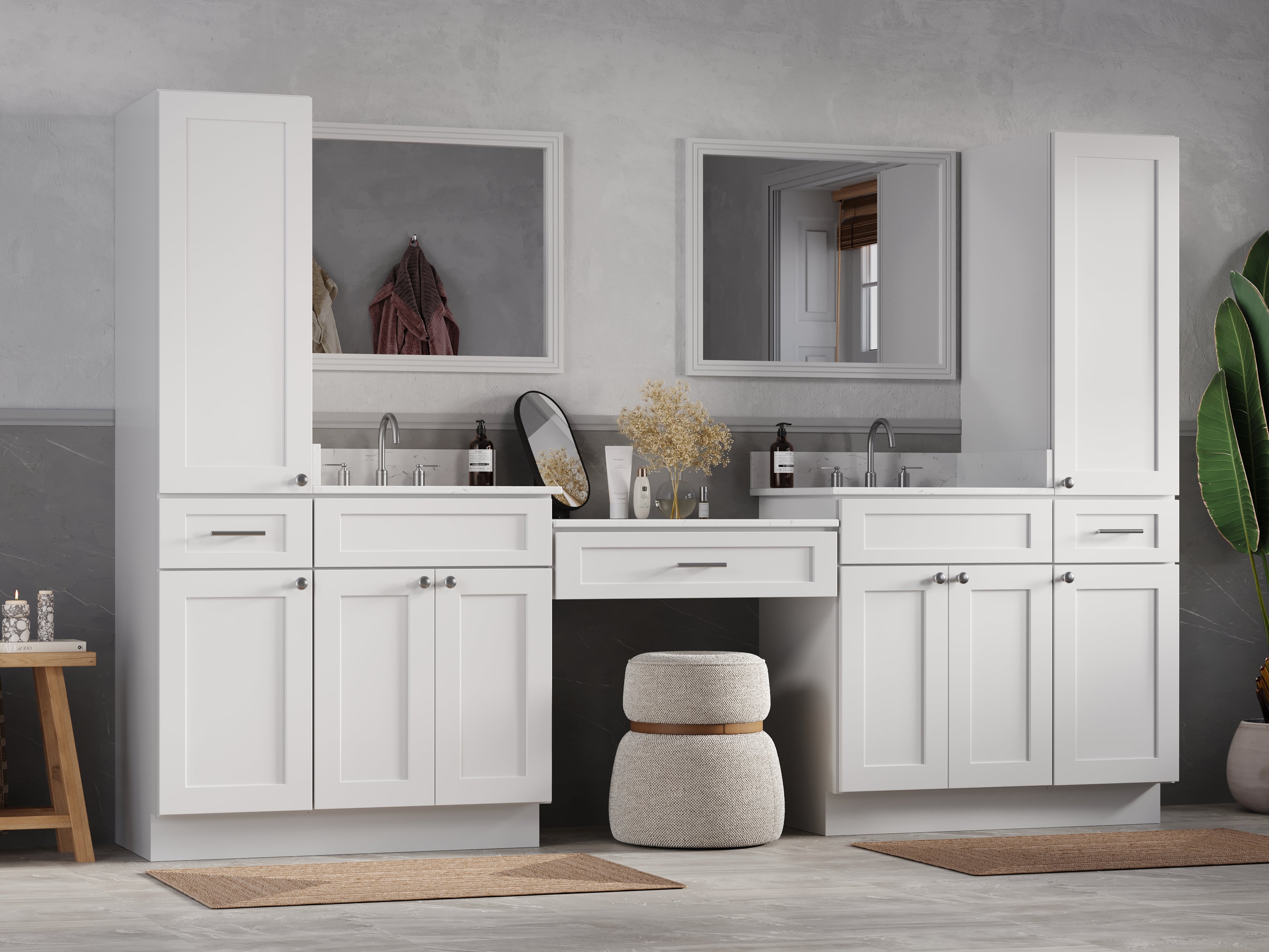 Disar 108'' Double Bathroom Vanity With Desk Linen Tall Cabinet Dovetail Solid Wood Drawer Carrara Quartz Top, Drawer 3