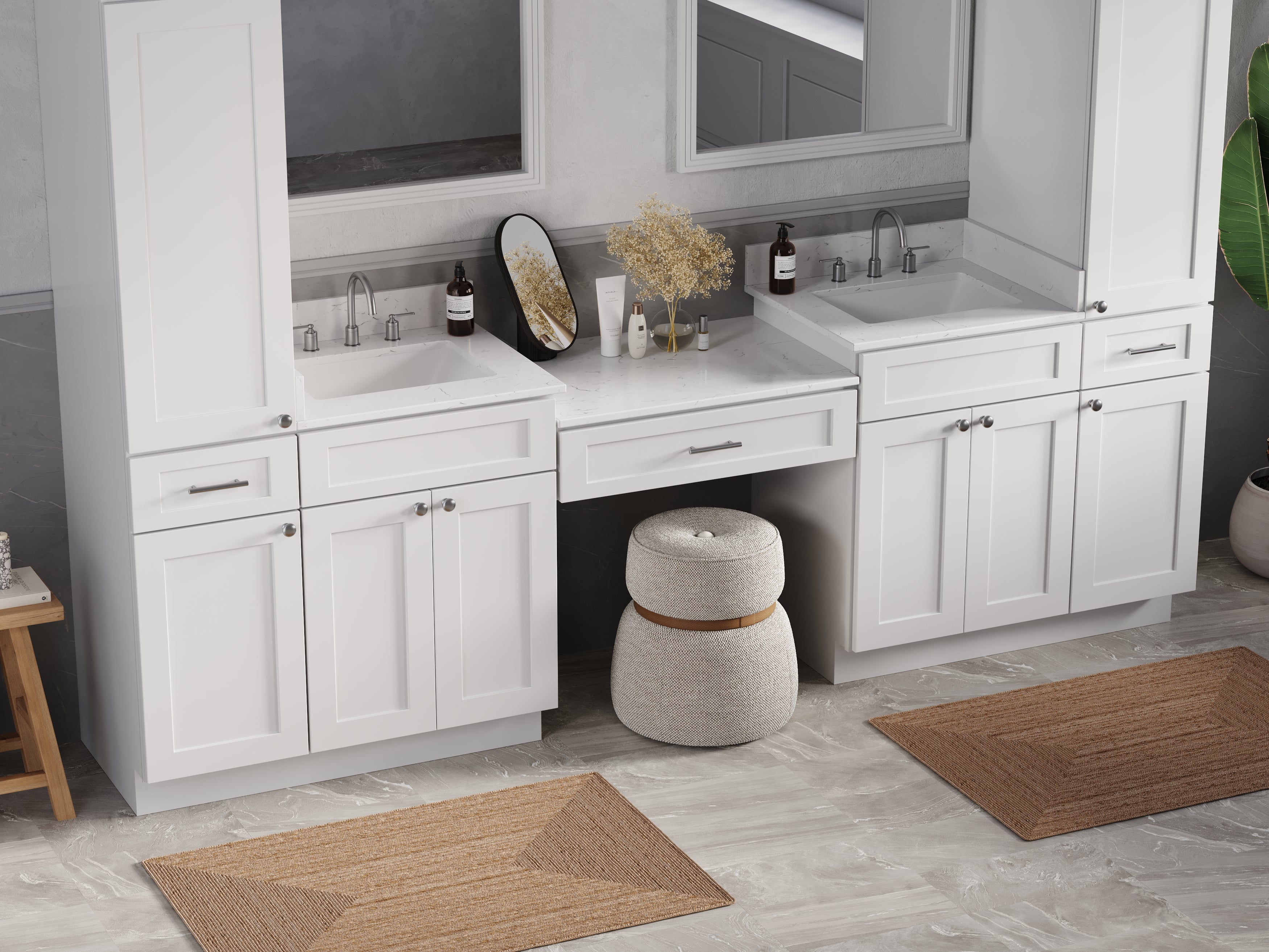 Disar 108'' Double Bathroom Vanity With Desk Linen Tall Cabinet Dovetail Solid Wood Drawer Carrara Quartz Top, Drawer 3