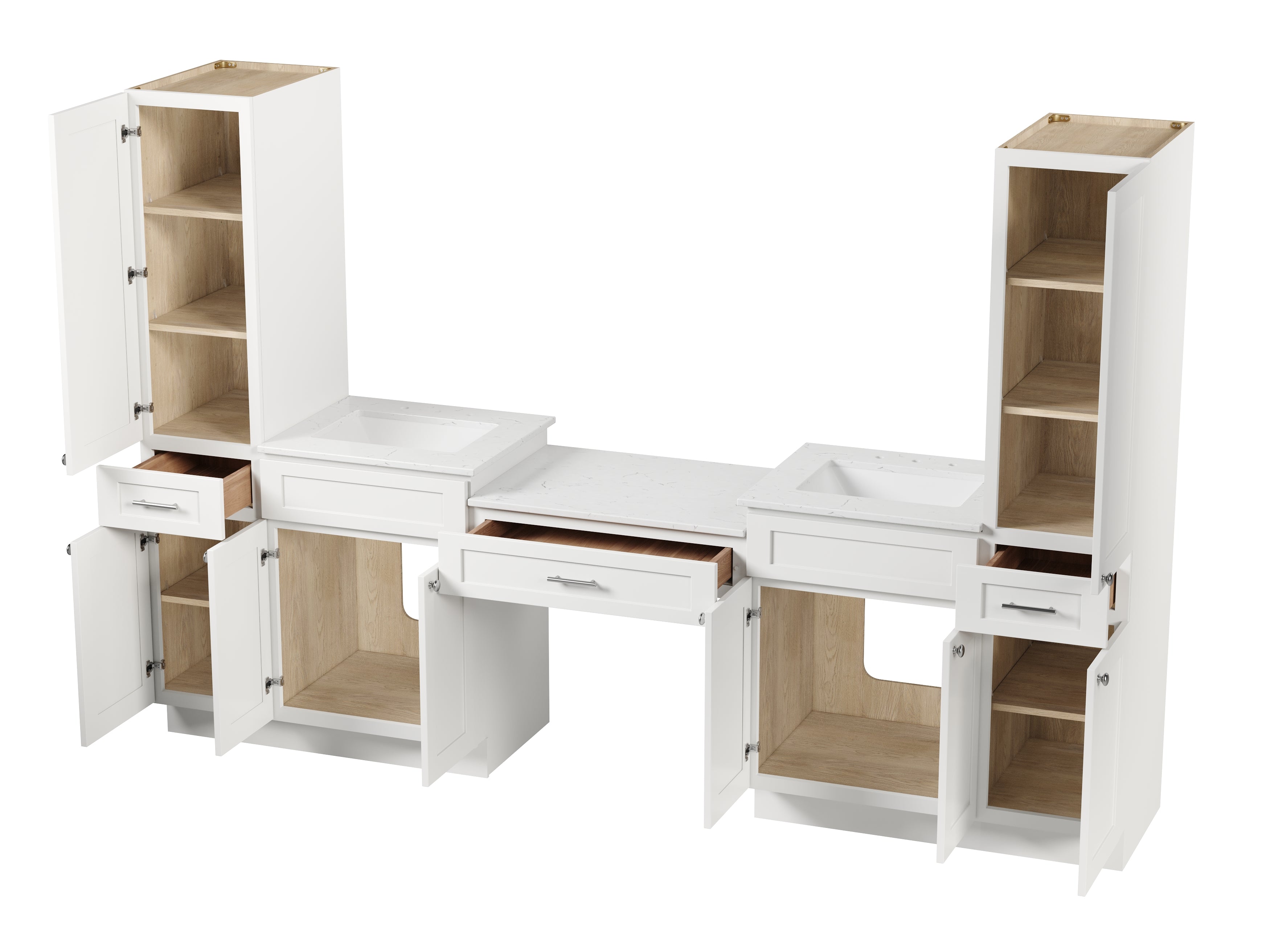 Disar 108'' Double Bathroom Vanity With Desk Linen Tall Cabinet Dovetail Solid Wood Drawer Carrara Quartz Top, Drawer 3