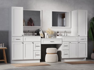 [color:White] 108'' Vanity With Desk Linen Tall Cabinet, Quartz Top, Drawer 7 - front view