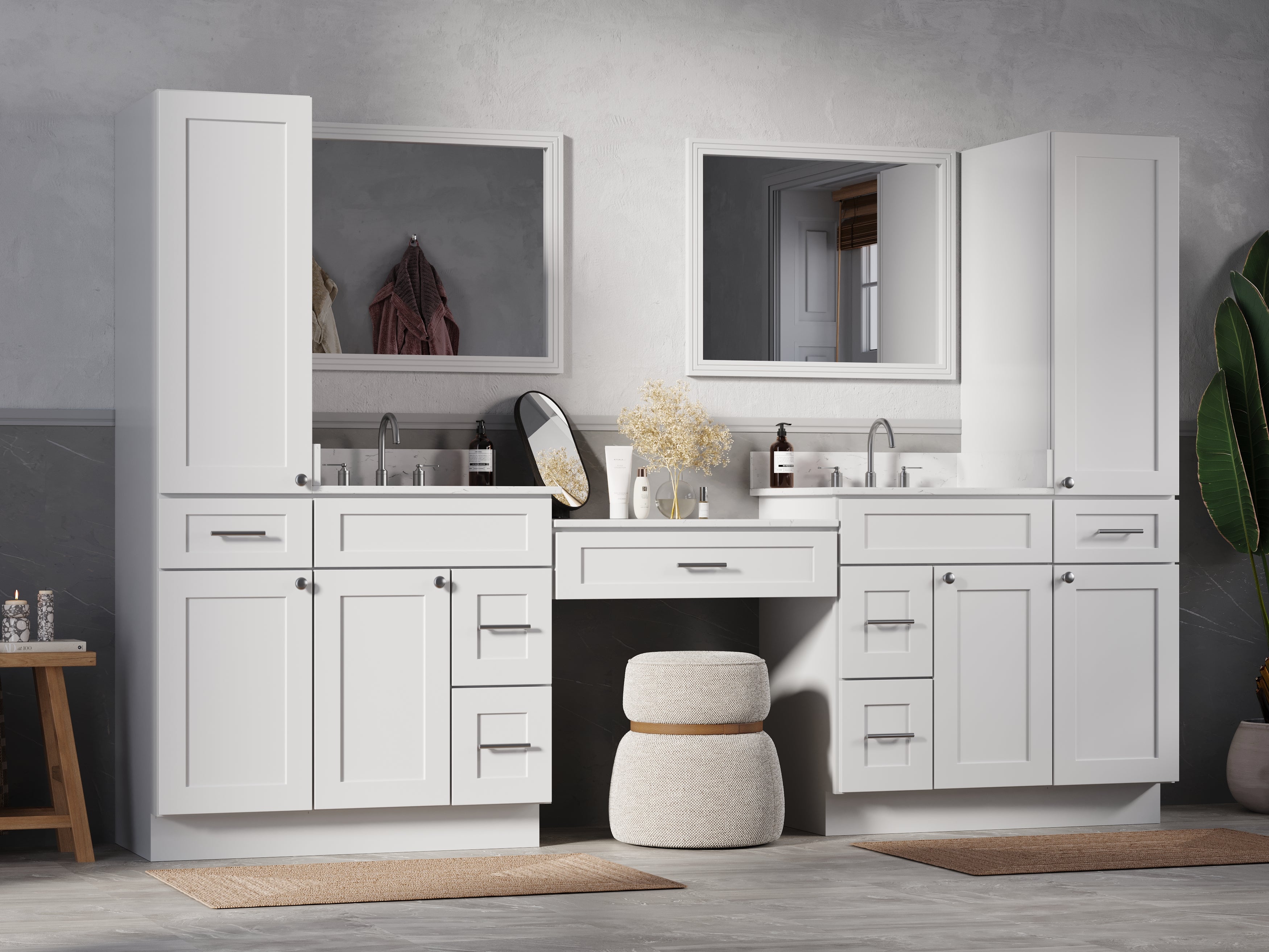 Disar 108'' Double Bathroom Vanity With Desk Linen Tall Cabinet Dovetail Solid Wood Drawer Carrara Quartz Top Drawer 7