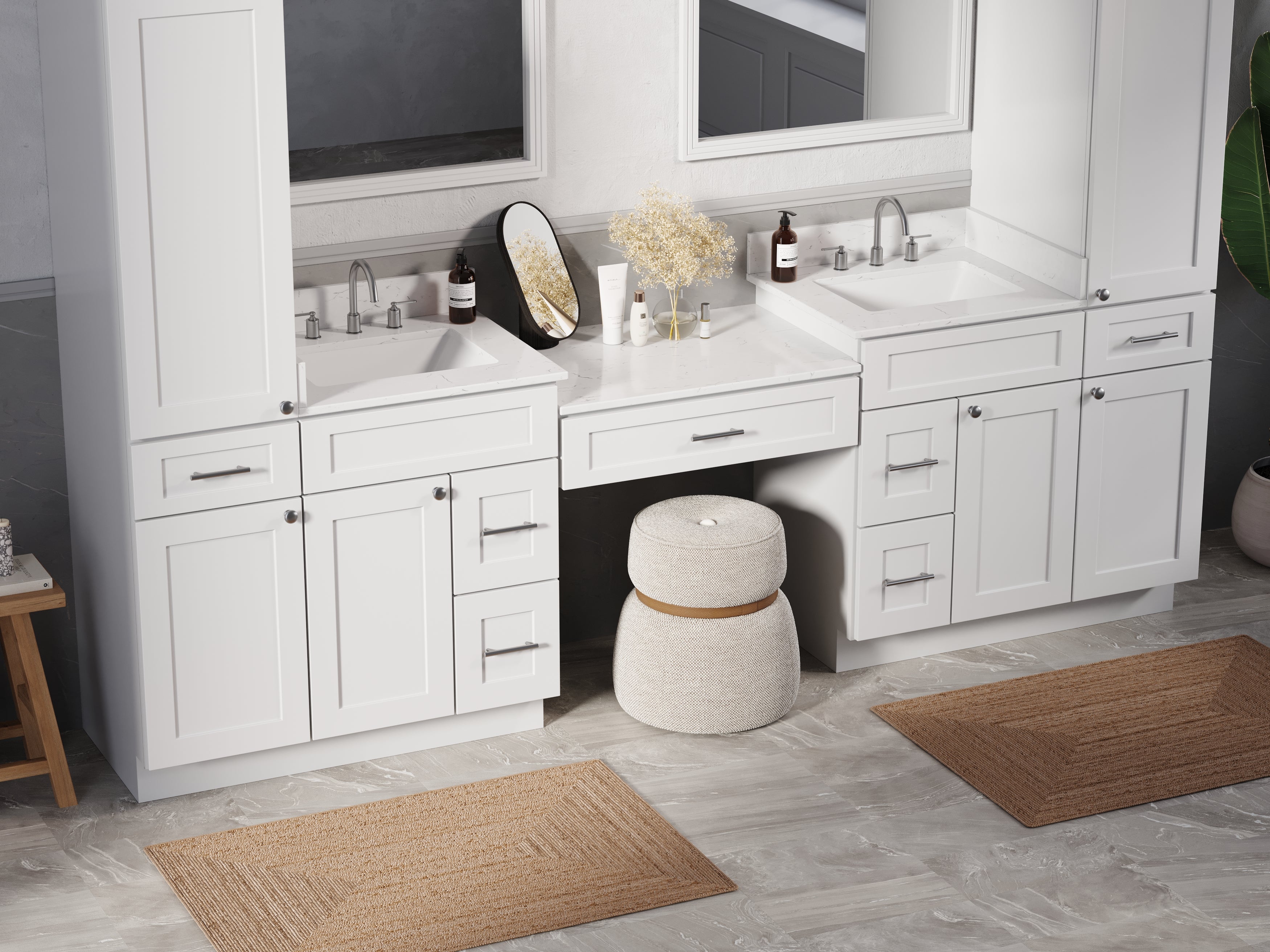 Disar 108'' Double Bathroom Vanity With Desk Linen Tall Cabinet Dovetail Solid Wood Drawer Carrara Quartz Top Drawer 7