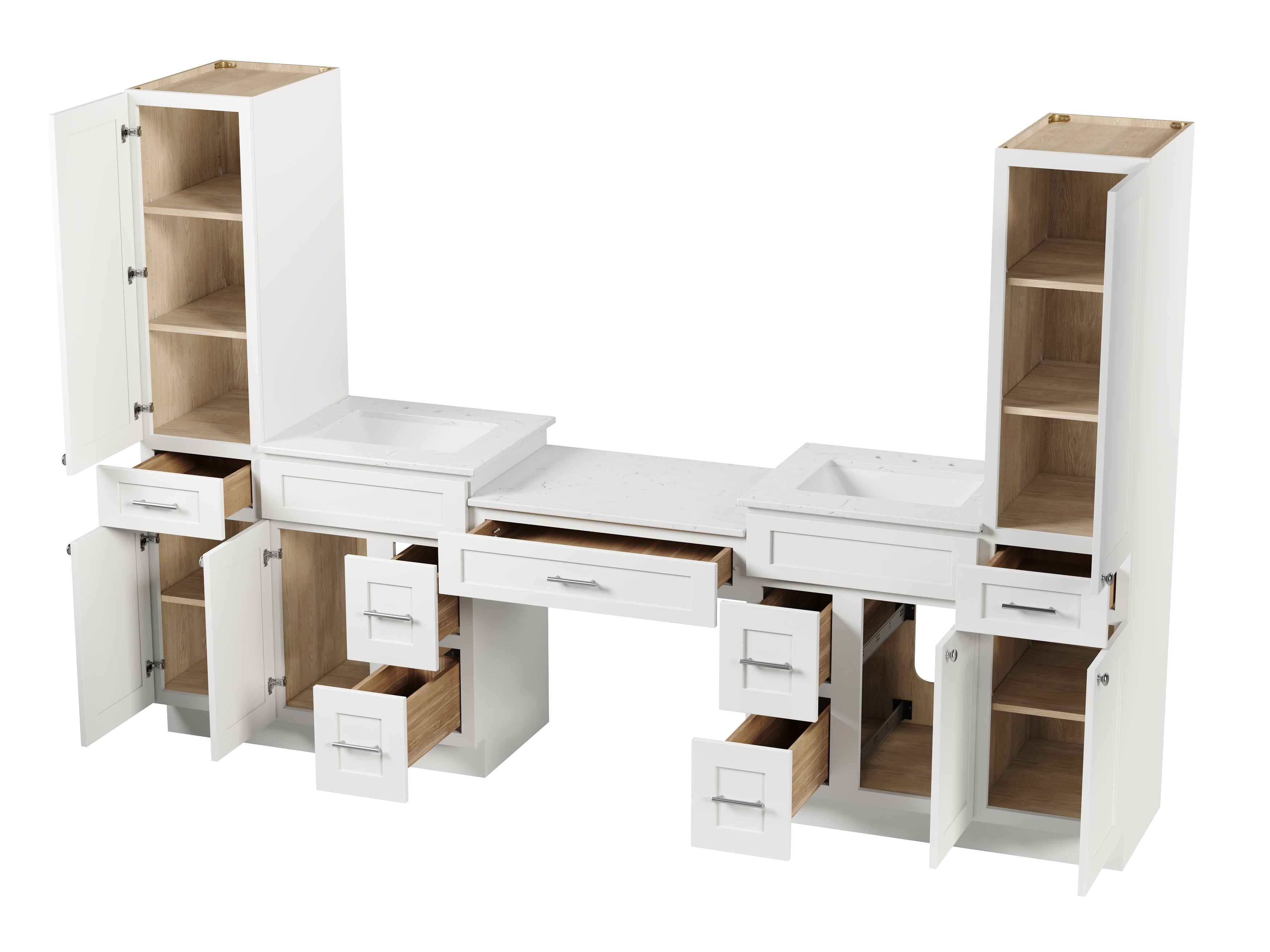 Disar 108'' Double Bathroom Vanity With Desk Linen Tall Cabinet Dovetail Solid Wood Drawer Carrara Quartz Top Drawer 7