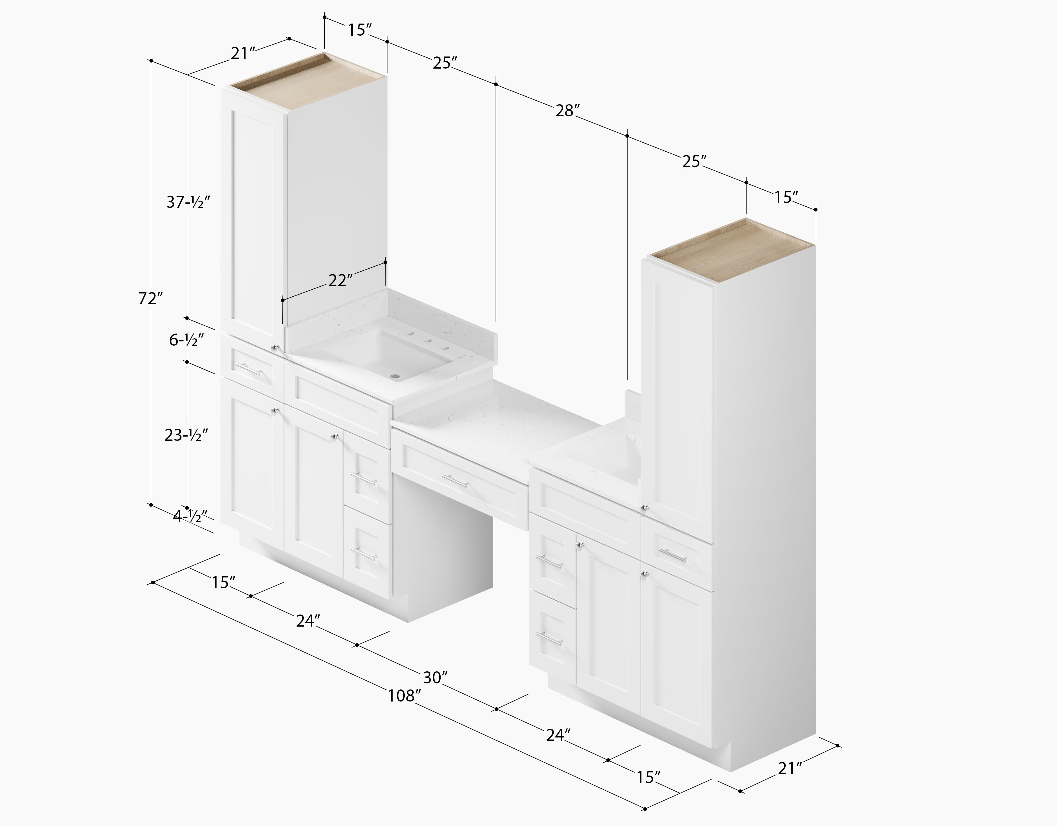 Disar 108'' Double Bathroom Vanity With Desk Linen Tall Cabinet Dovetail Solid Wood Drawer Carrara Quartz Top Drawer 7