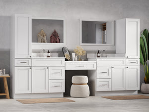 Disar 120'' Double Bathroom Vanity With Desk Linen Tall Cabinet Dovetail Solid Wood Drawer Carrara Quartz Top, Drawer 7