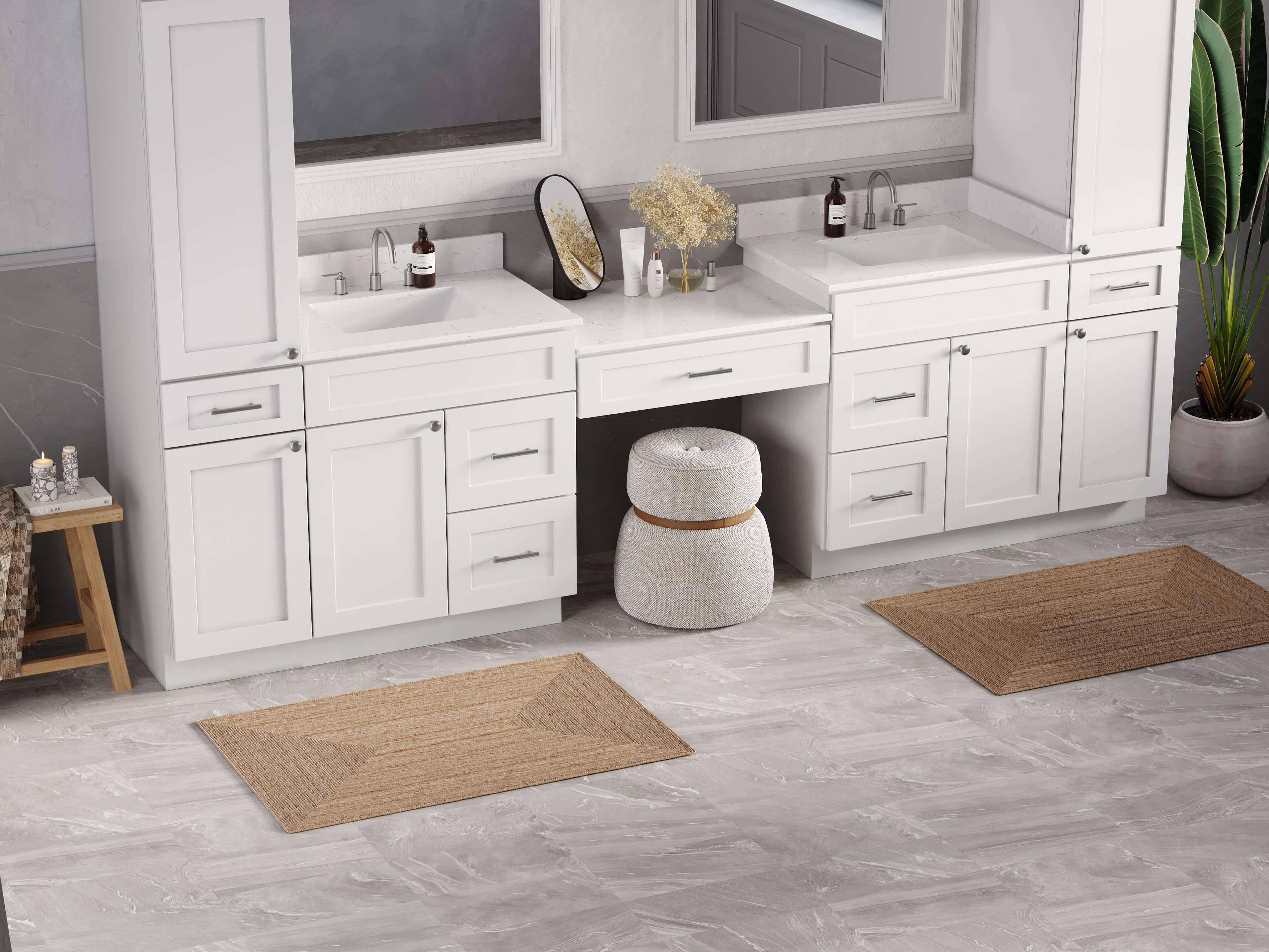 Disar 120'' Double Bathroom Vanity With Desk Linen Tall Cabinet Dovetail Solid Wood Drawer Carrara Quartz Top, Drawer 7