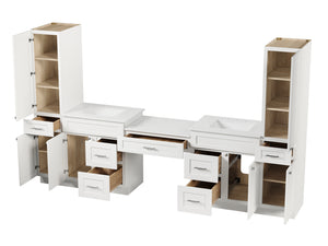 Disar 120'' Double Bathroom Vanity With Desk Linen Tall Cabinet Dovetail Solid Wood Drawer Carrara Quartz Top, Drawer 7