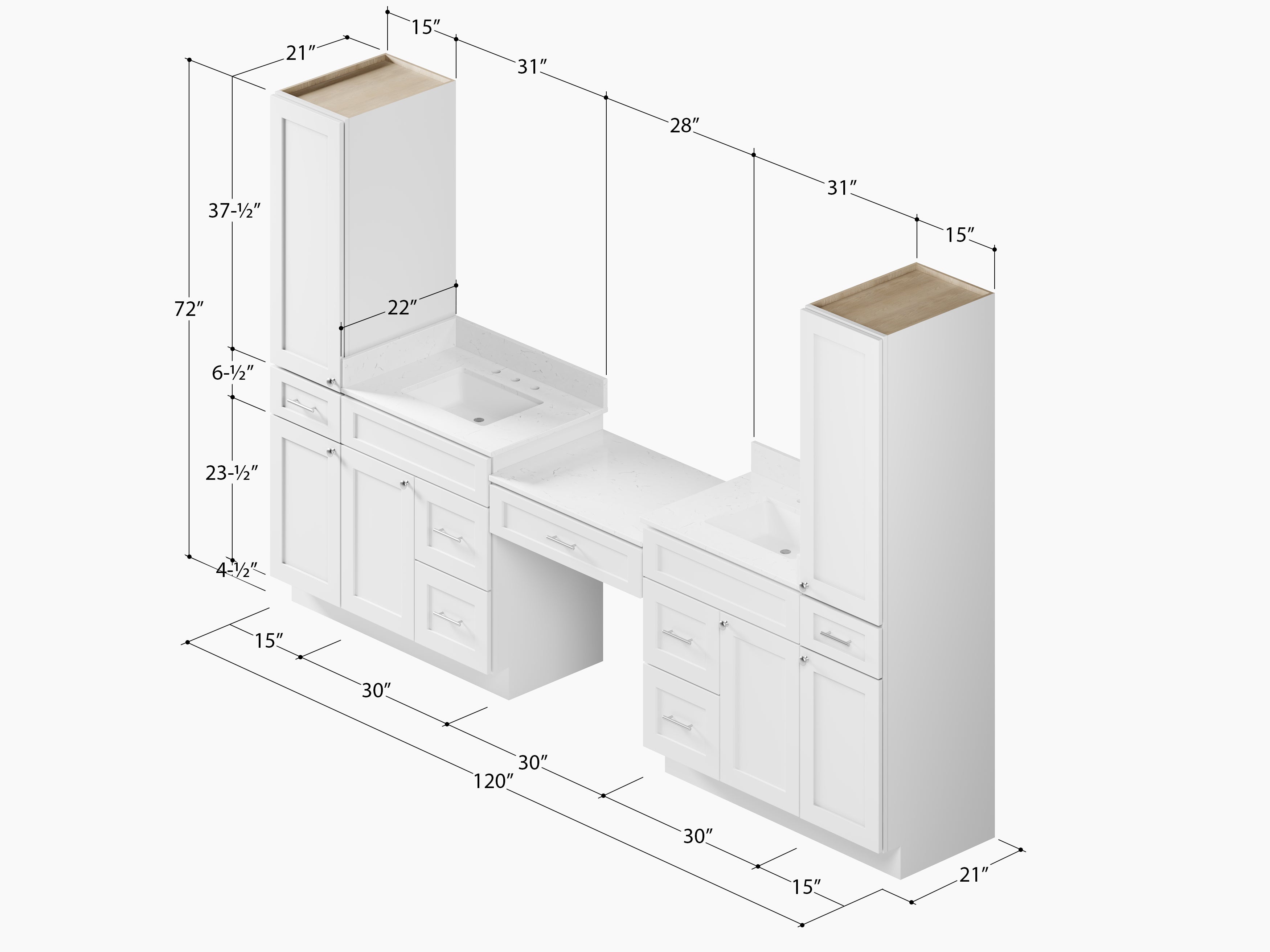 Disar 120'' Double Bathroom Vanity With Desk Linen Tall Cabinet Dovetail Solid Wood Drawer Carrara Quartz Top, Drawer 7