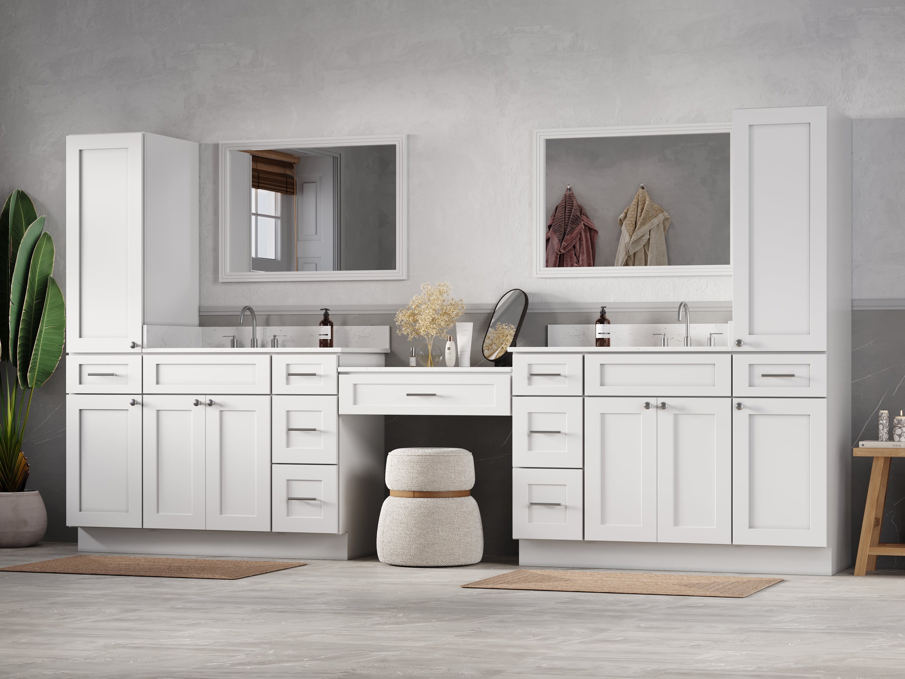 Disar 132'' Double Bathroom Vanity With Desk Linen Tall Cabinet Dovetail Solid Wood Drawer Carrara Quartz Top, Drawer 9