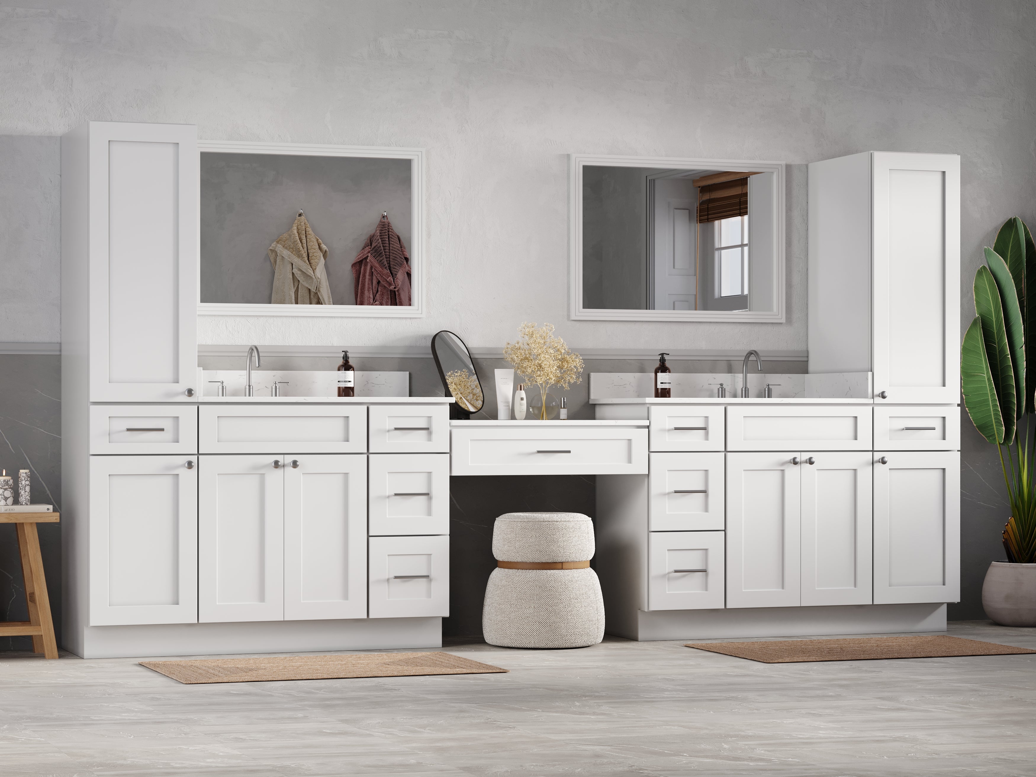 Disar 132'' Double Bathroom Vanity With Desk Linen Tall Cabinet Dovetail Solid Wood Drawer Carrara Quartz Top, Drawer 9