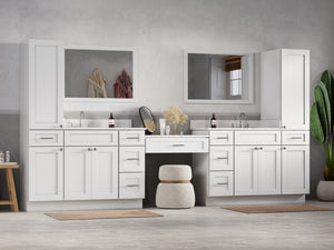 Disar 132'' Double Bathroom Vanity With Desk Linen Tall Cabinet Dovetail Solid Wood Drawer Carrara Quartz Top, Drawer 9