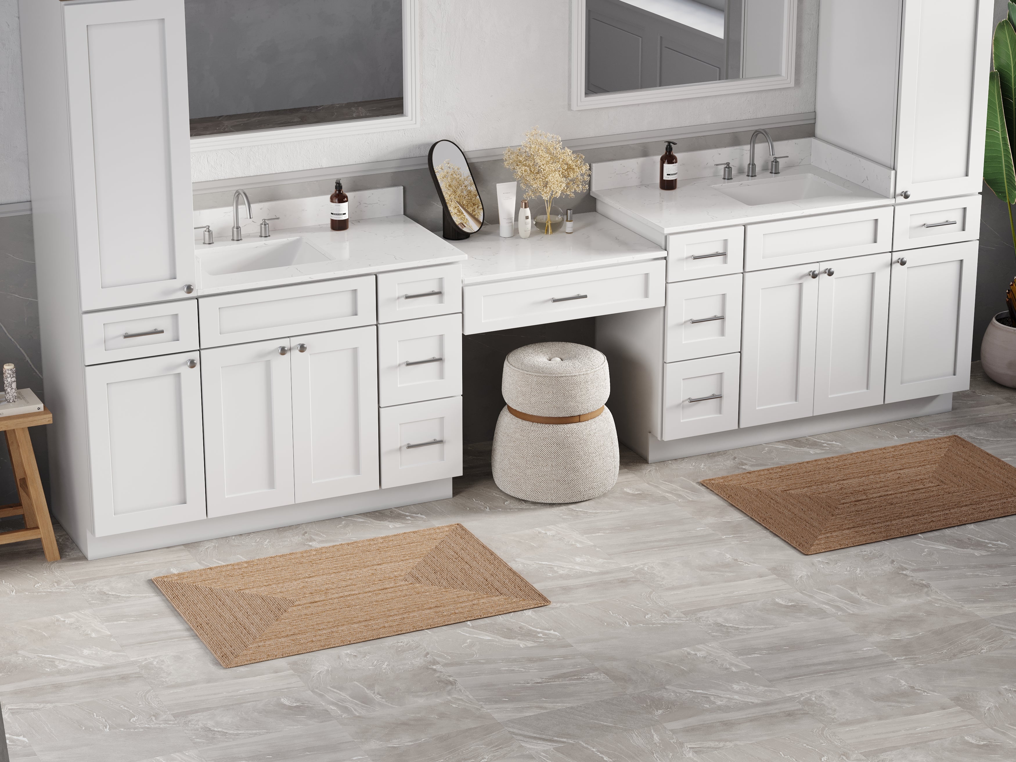 Disar 132'' Double Bathroom Vanity With Desk Linen Tall Cabinet Dovetail Solid Wood Drawer Carrara Quartz Top, Drawer 9