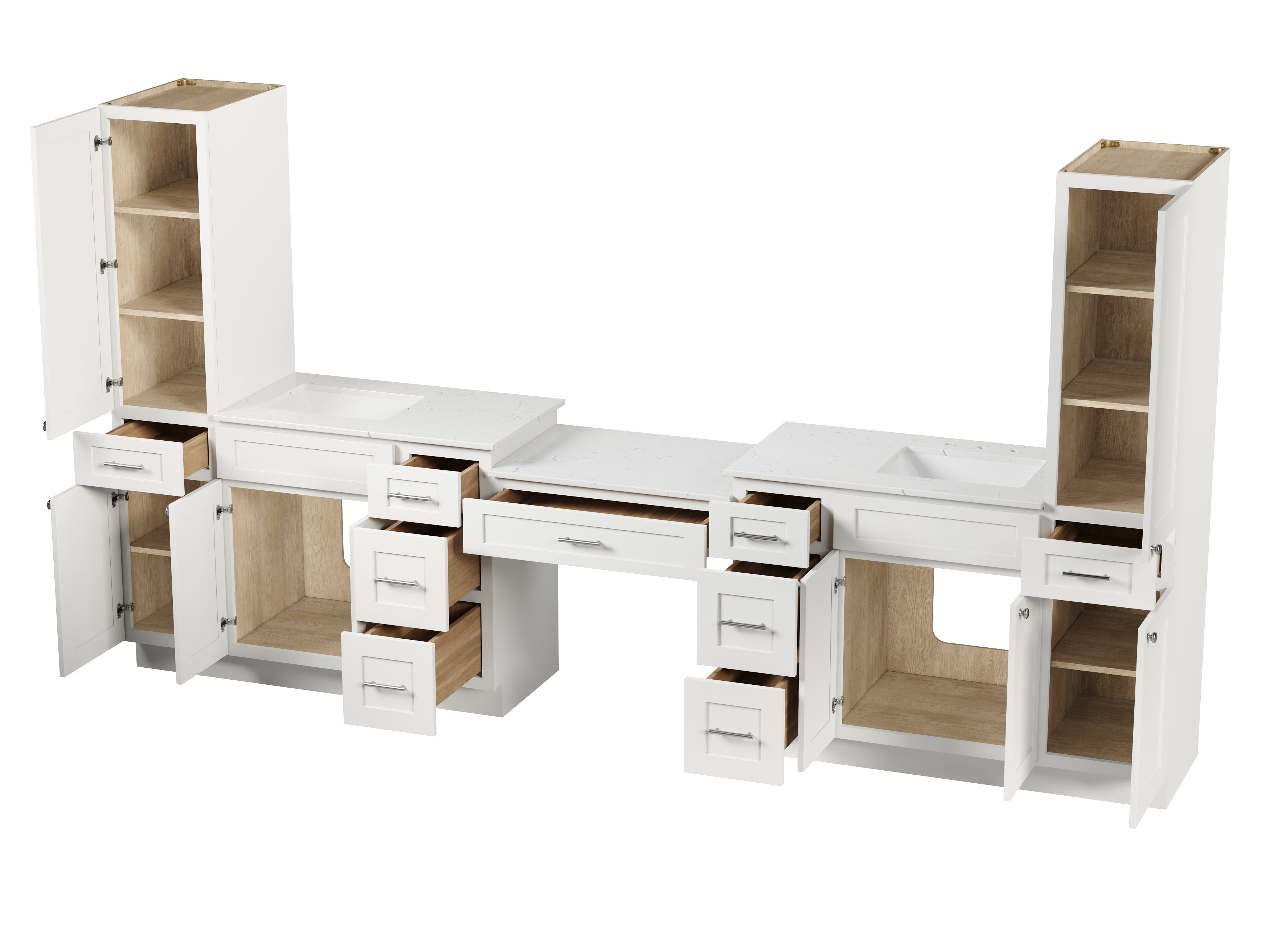 Disar 132'' Double Bathroom Vanity With Desk Linen Tall Cabinet Dovetail Solid Wood Drawer Carrara Quartz Top, Drawer 9