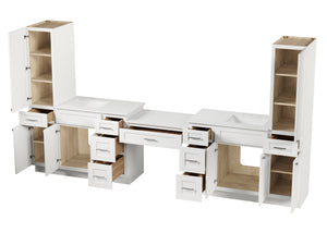 Disar 132'' Double Bathroom Vanity With Desk Linen Tall Cabinet Dovetail Solid Wood Drawer Carrara Quartz Top, Drawer 9