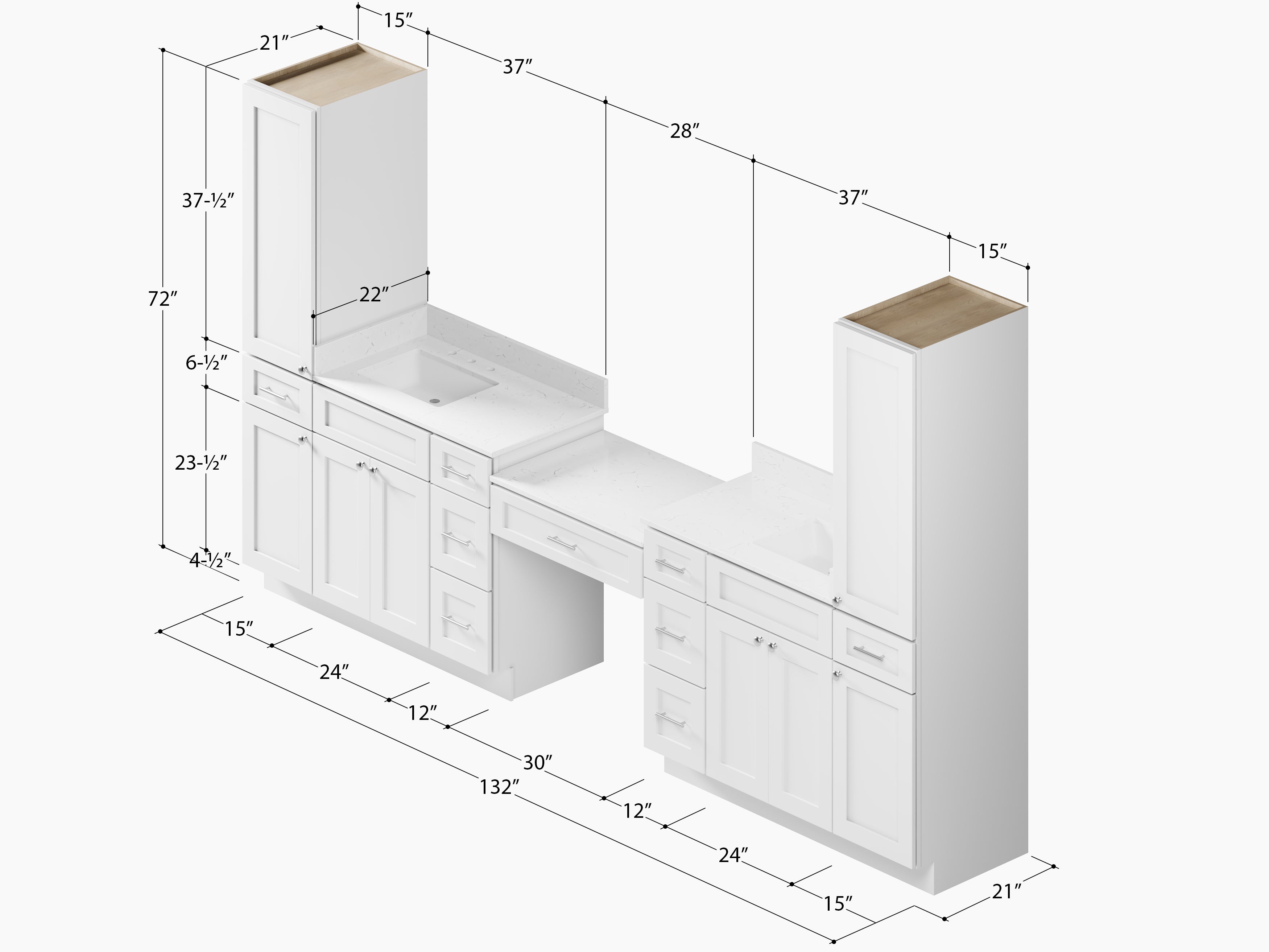 Disar 132'' Double Bathroom Vanity With Desk Linen Tall Cabinet Dovetail Solid Wood Drawer Carrara Quartz Top, Drawer 9