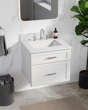 24" Floating Wall Mounted Single Bathroom Vanity With Carrara Quartz Top