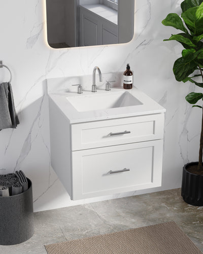 [color:White] 24" Floating Wall Mounted Single Bathroom Vanity, Carrara Quartz Top - angled view