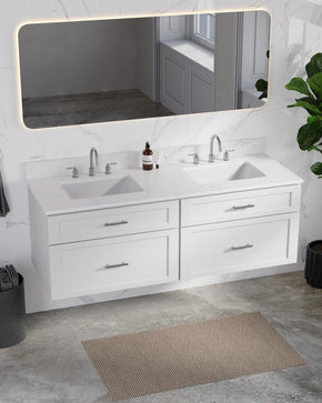 60" Floating Wall Mounted Double Bathroom Vanity With Carrara Quartz Top