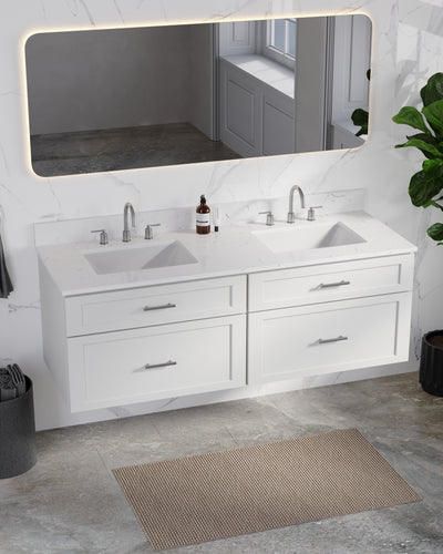 [color:White] 60" Floating Wall Mounted Double Bathroom Vanity, Carrara Quartz Top - side view