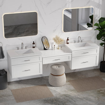 [color:White] 90" Floating Wall Mounted Double Bathroom Vanity With Desk, Quartz Top - side view