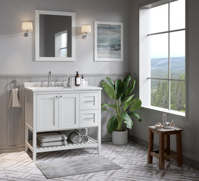 Disar 36'' White Bathroom Vanity Cabinet with Modern Squared Legs and Right Drawers