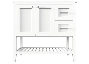 Disar 36'' White Bathroom Vanity Cabinet with Modern Squared Legs and Right Drawers